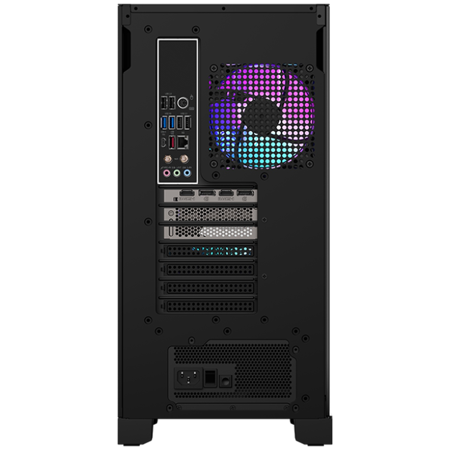 Rear view of a black desktop computer case, displaying various ports, a power input, and a multicolored fan.