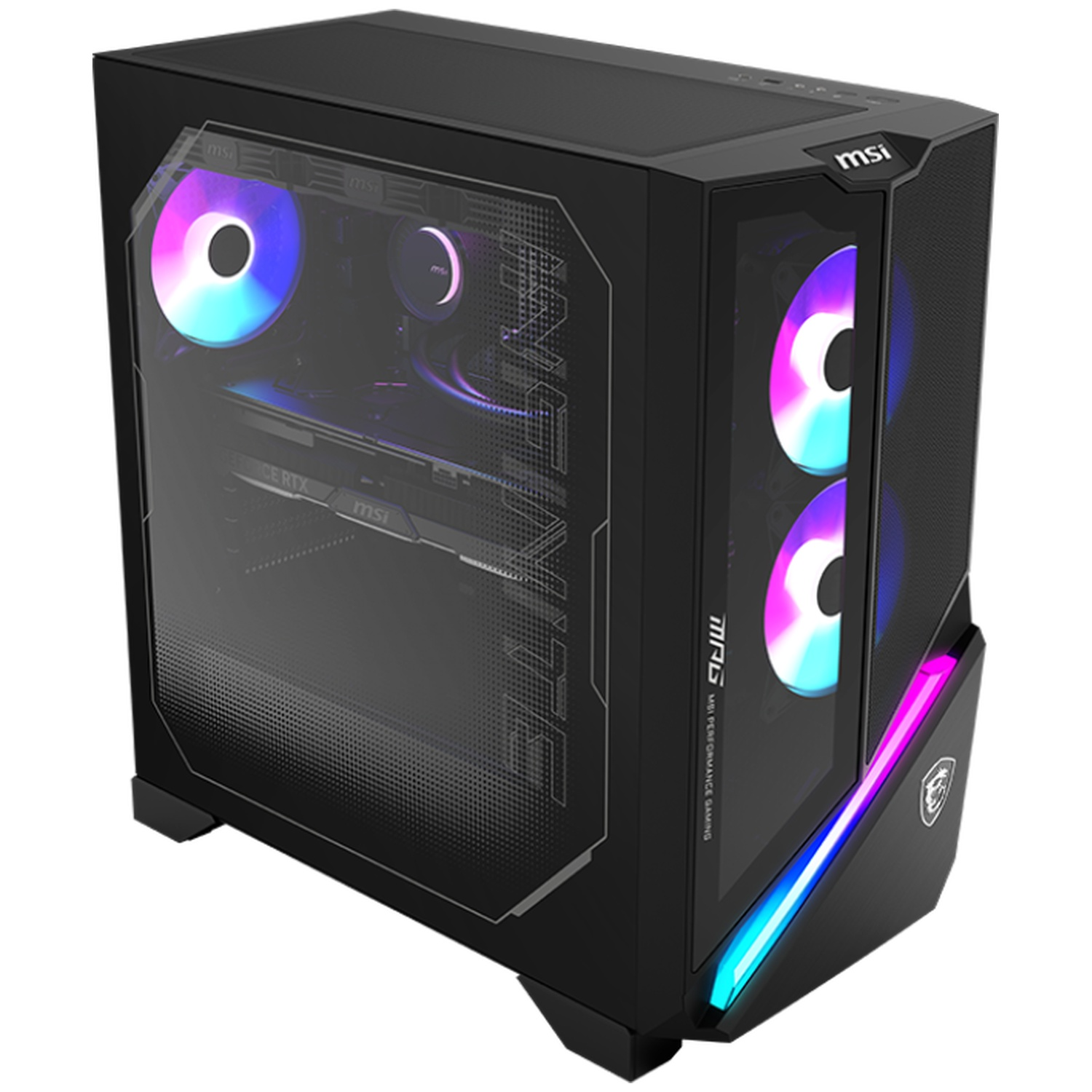 A black gaming PC case with a clear window and RGB fans.