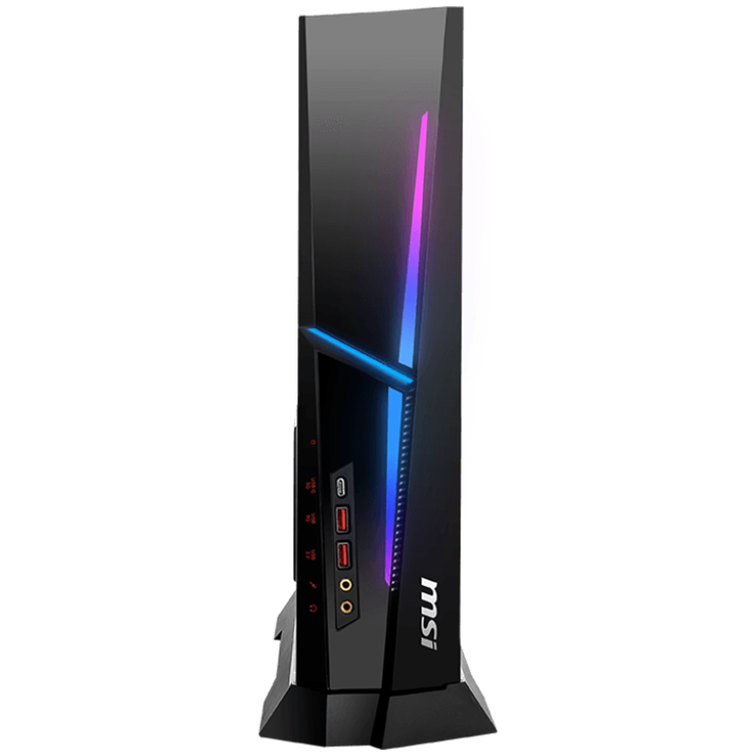 Black MSI gaming PC with blue-purple LED accent and ports.