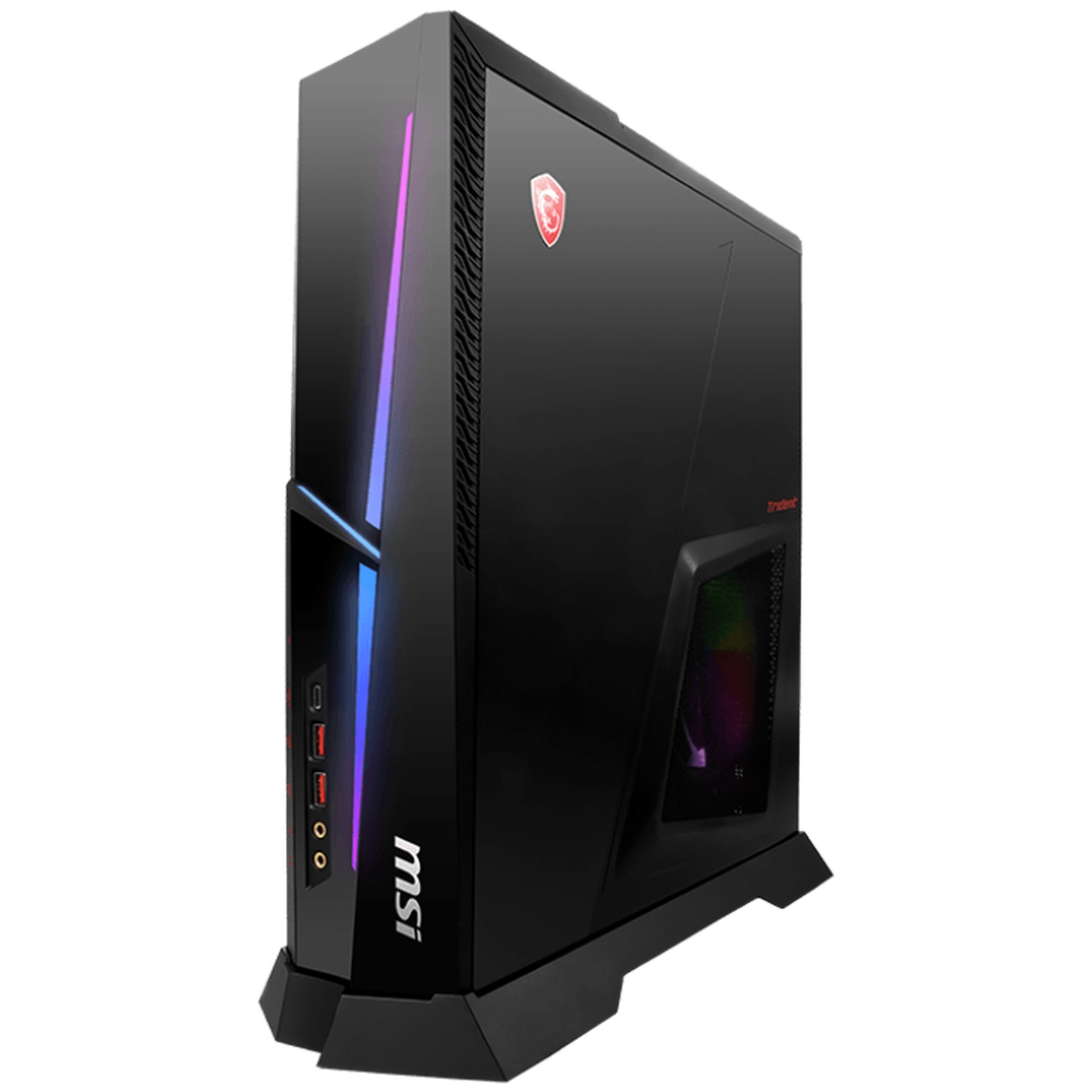 Black gaming PC with RGB lighting and MSI logo.