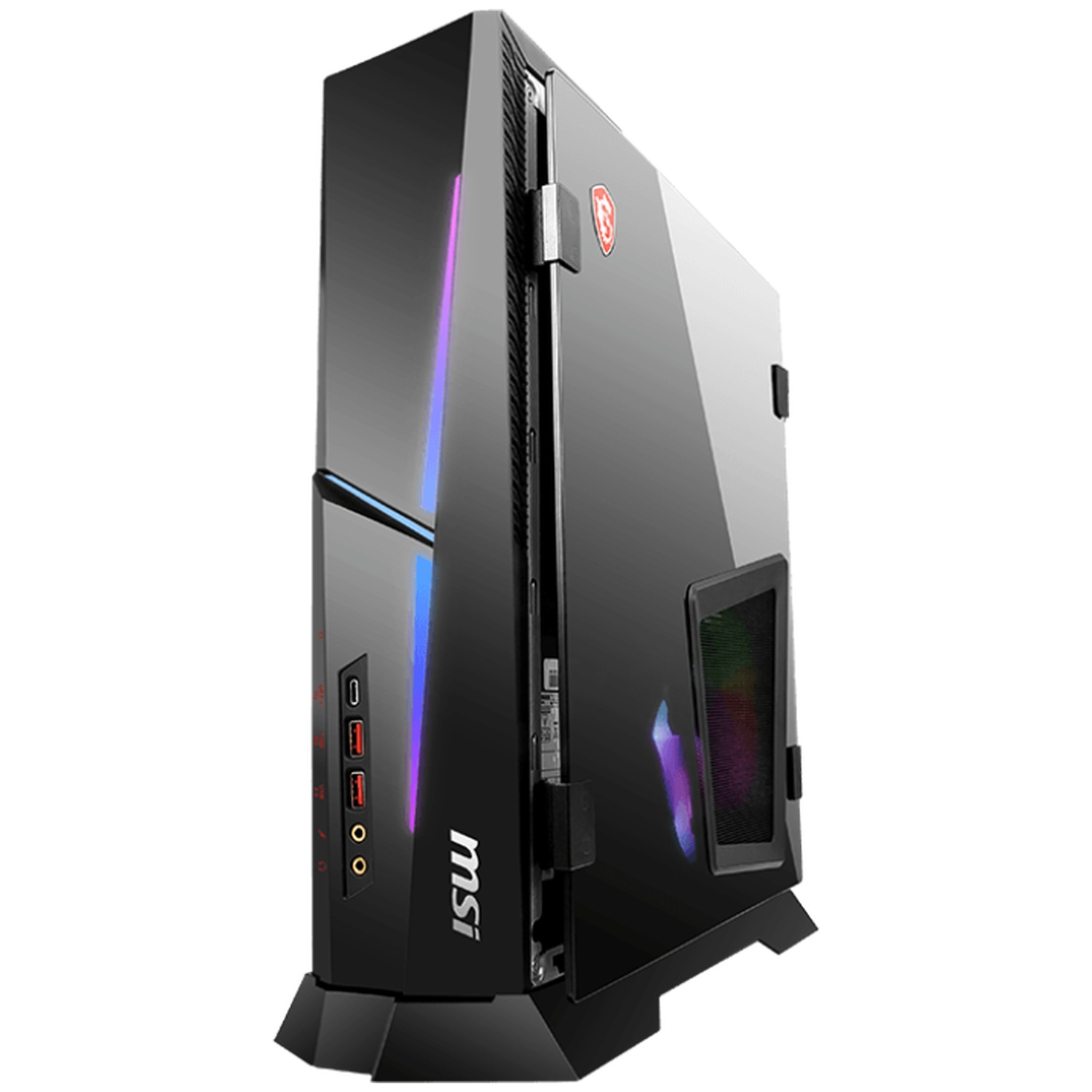Black MSI gaming PC with RGB lighting and ports on the front.