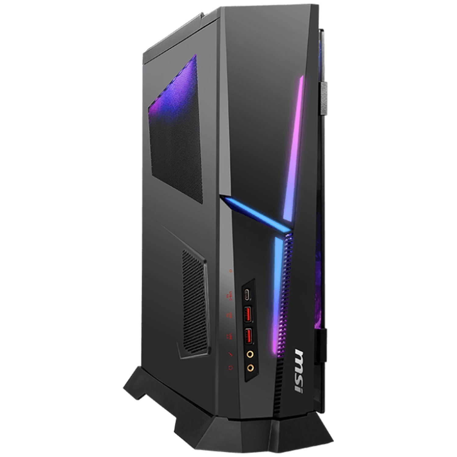 Black gaming PC with blue-purple RGB lighting and MSI logo.