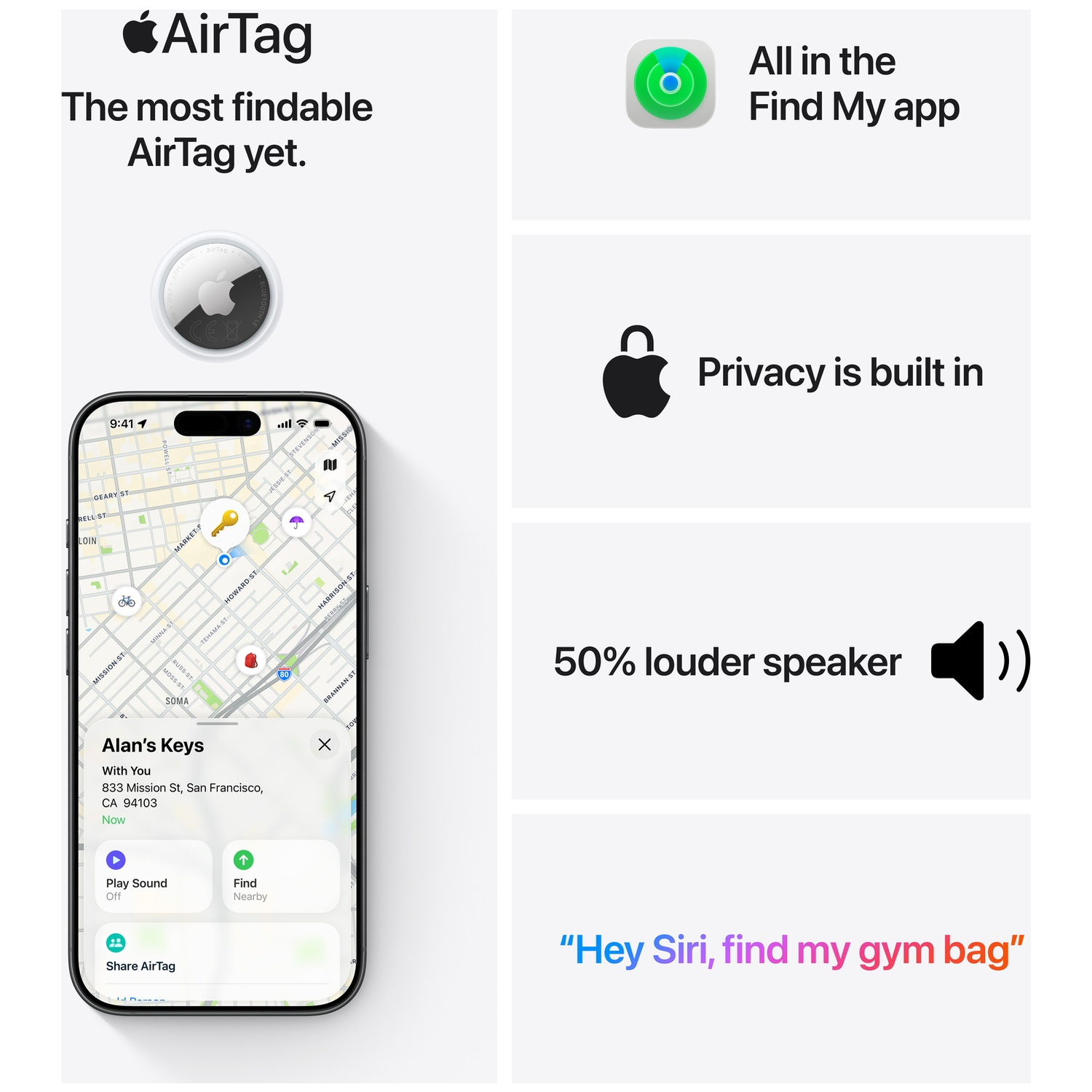 Apple AirTag, iPhone with map, privacy icon, and speaker icon.