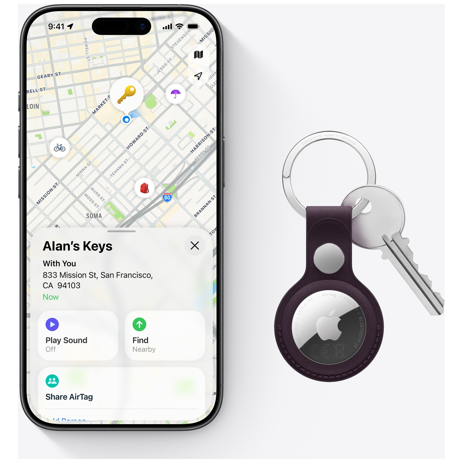 iPhone shows map with keys, next to it a keychain with AirTag.