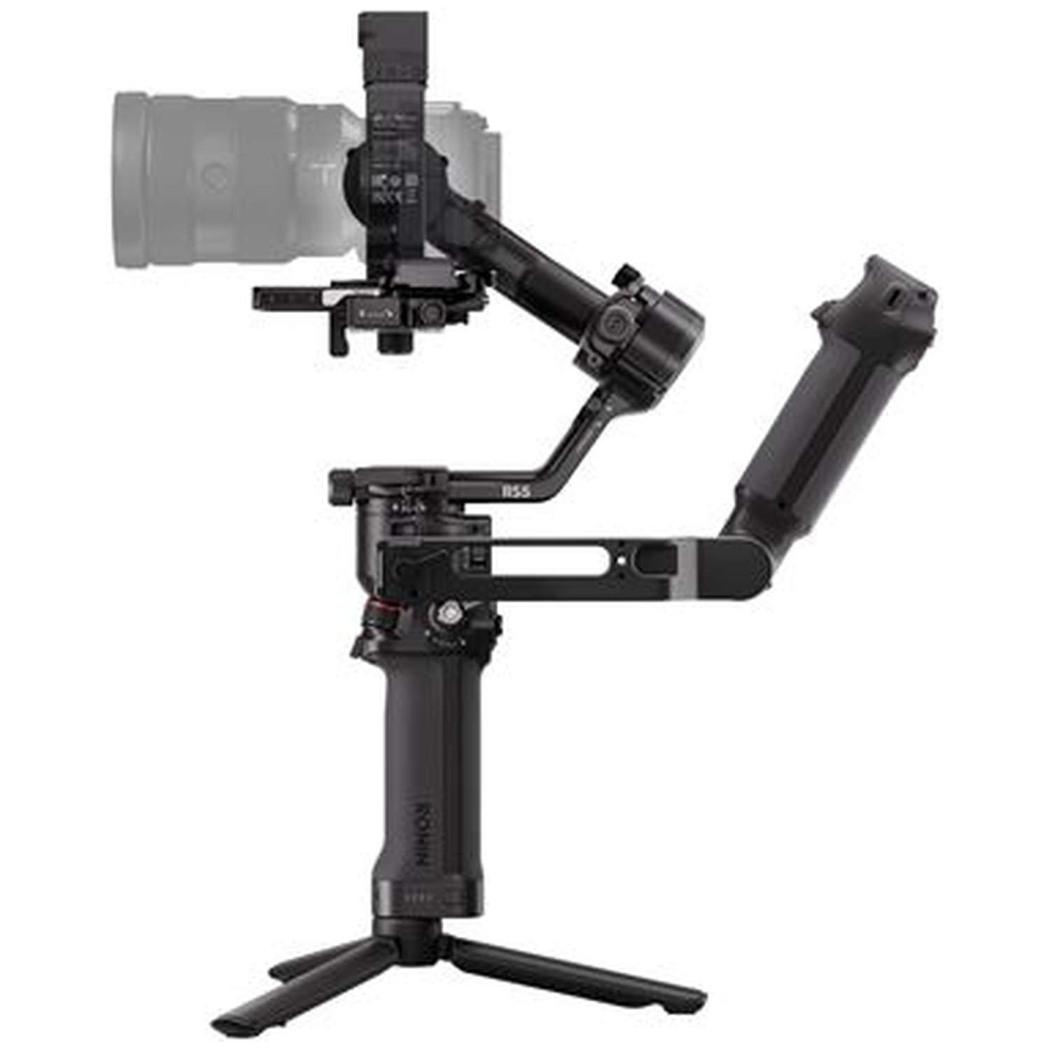 Zwart-witte camerastabilisator met statief en getint camerablok.