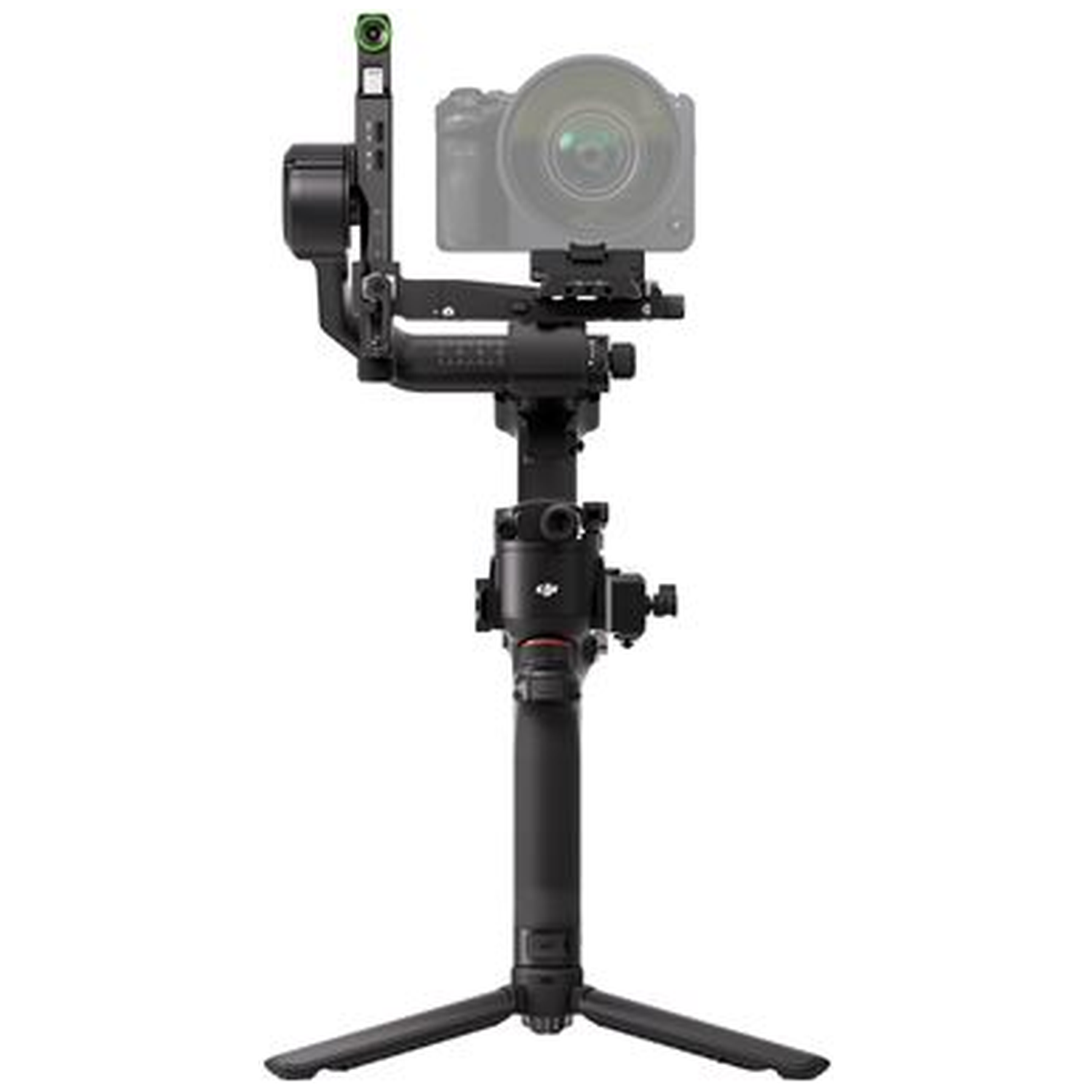 Een zwarte camera gimbal met statief en camera.