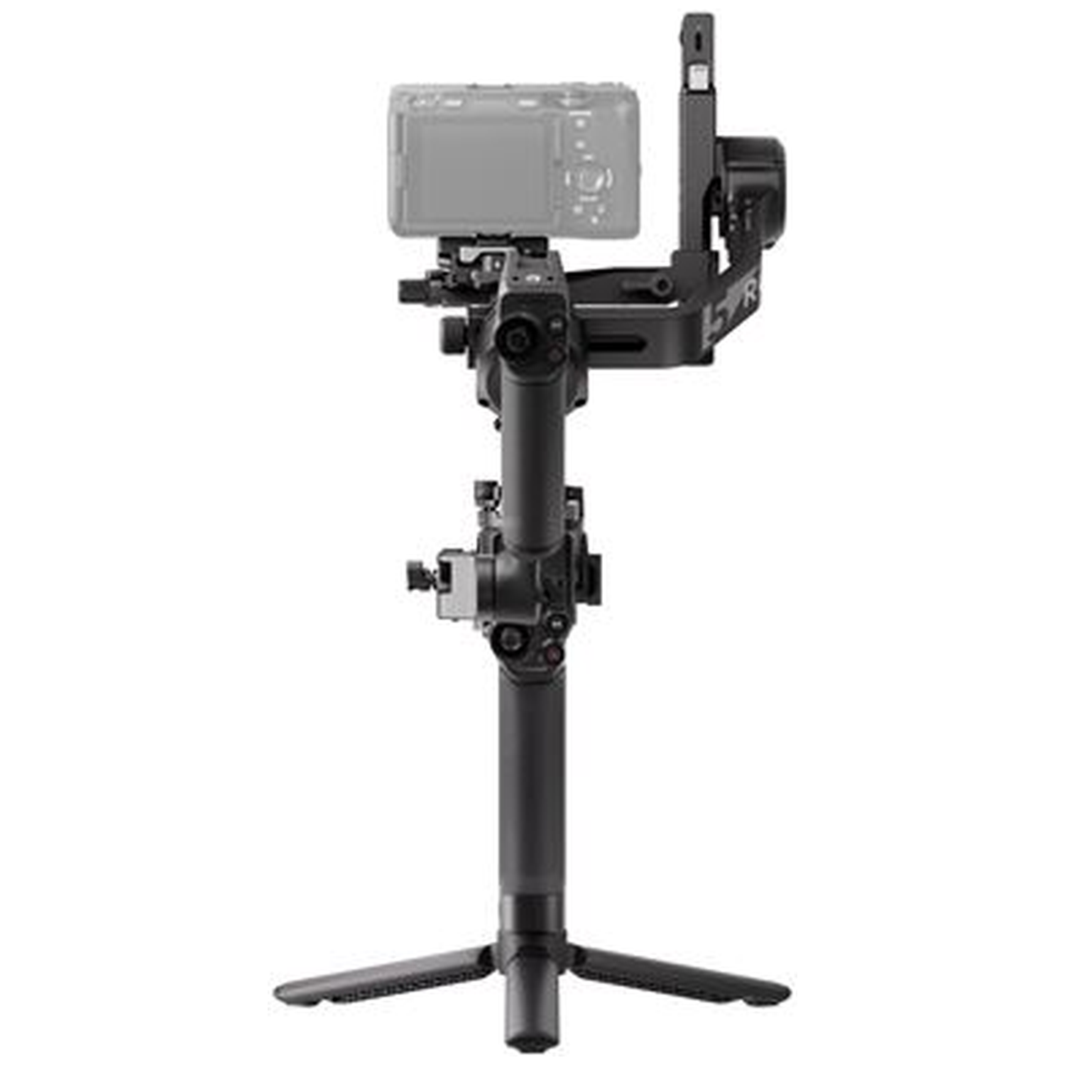 Een zwarte gimbal met camera en statief, studio-opname.
