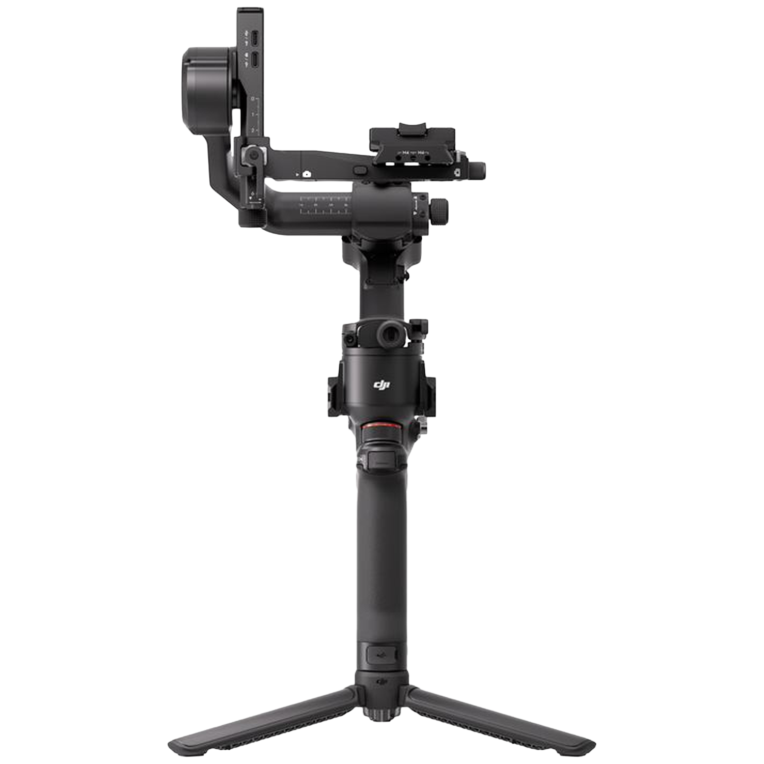Een zwarte gimbal met statief en telefoonhouder op witte achtergrond.