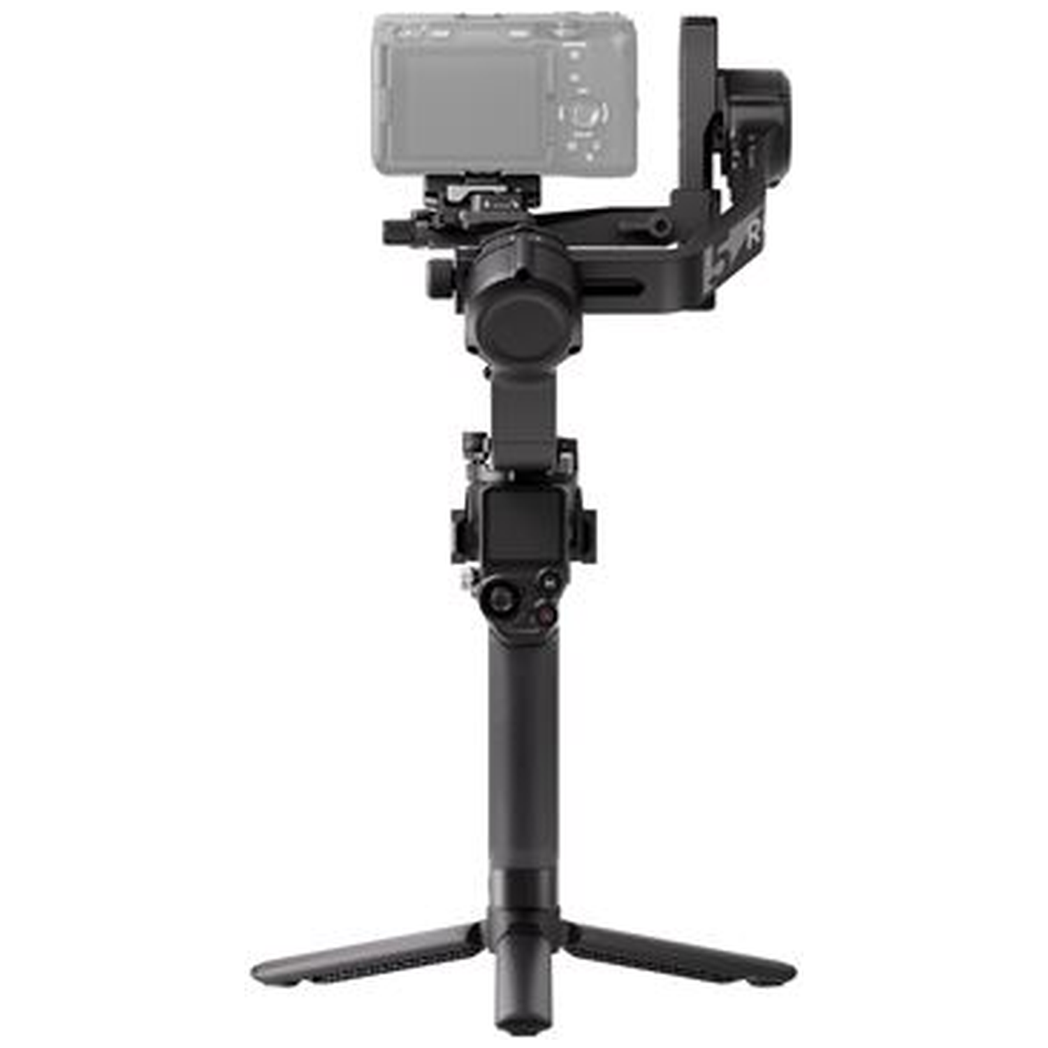 Een zwarte gimbal met een camera op een statief.