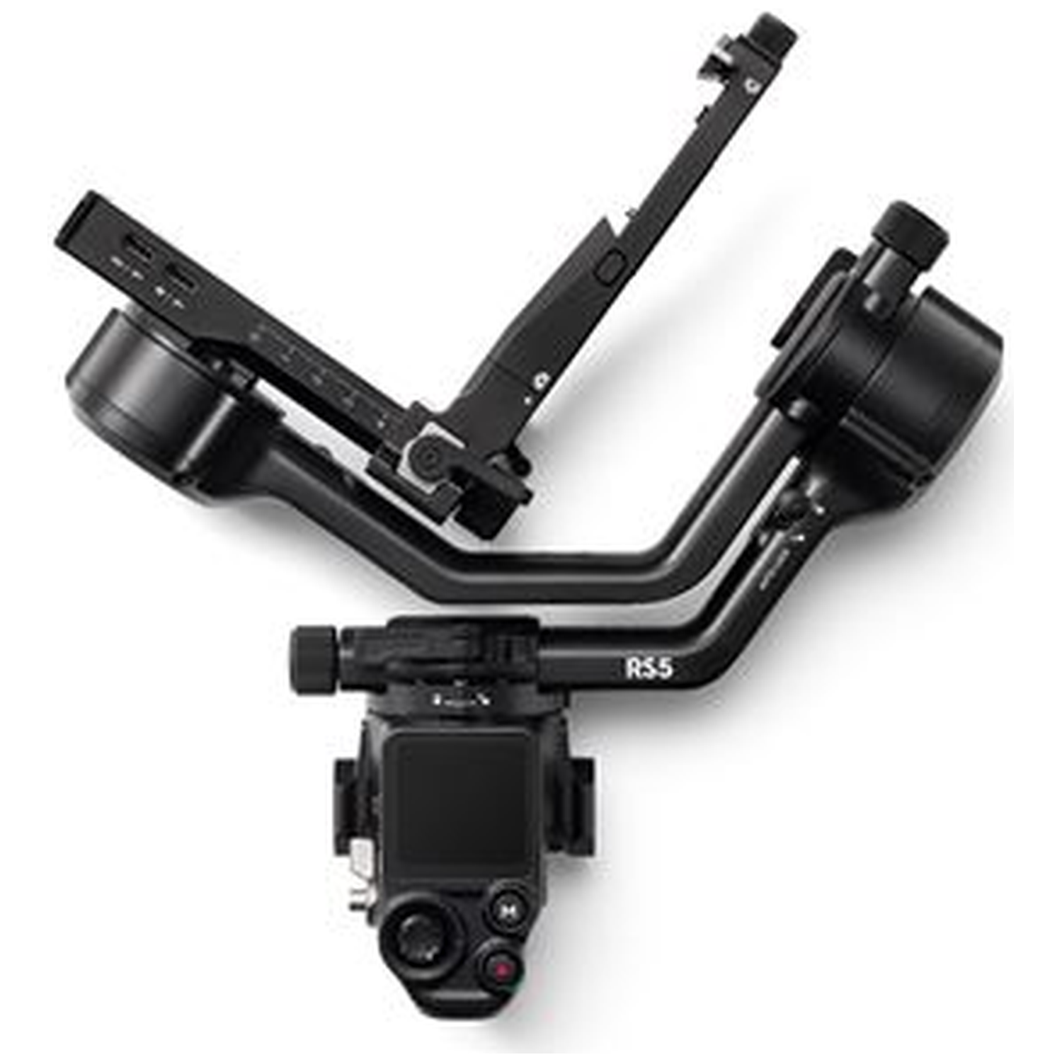Een zwarte camera-gimbal met armen en een camera op witte achtergrond.