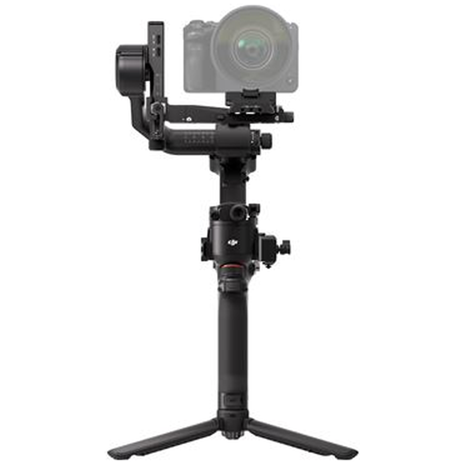 Een zwarte cameragimbal met een camera erop gemonteerd, staand op een witte achtergrond.