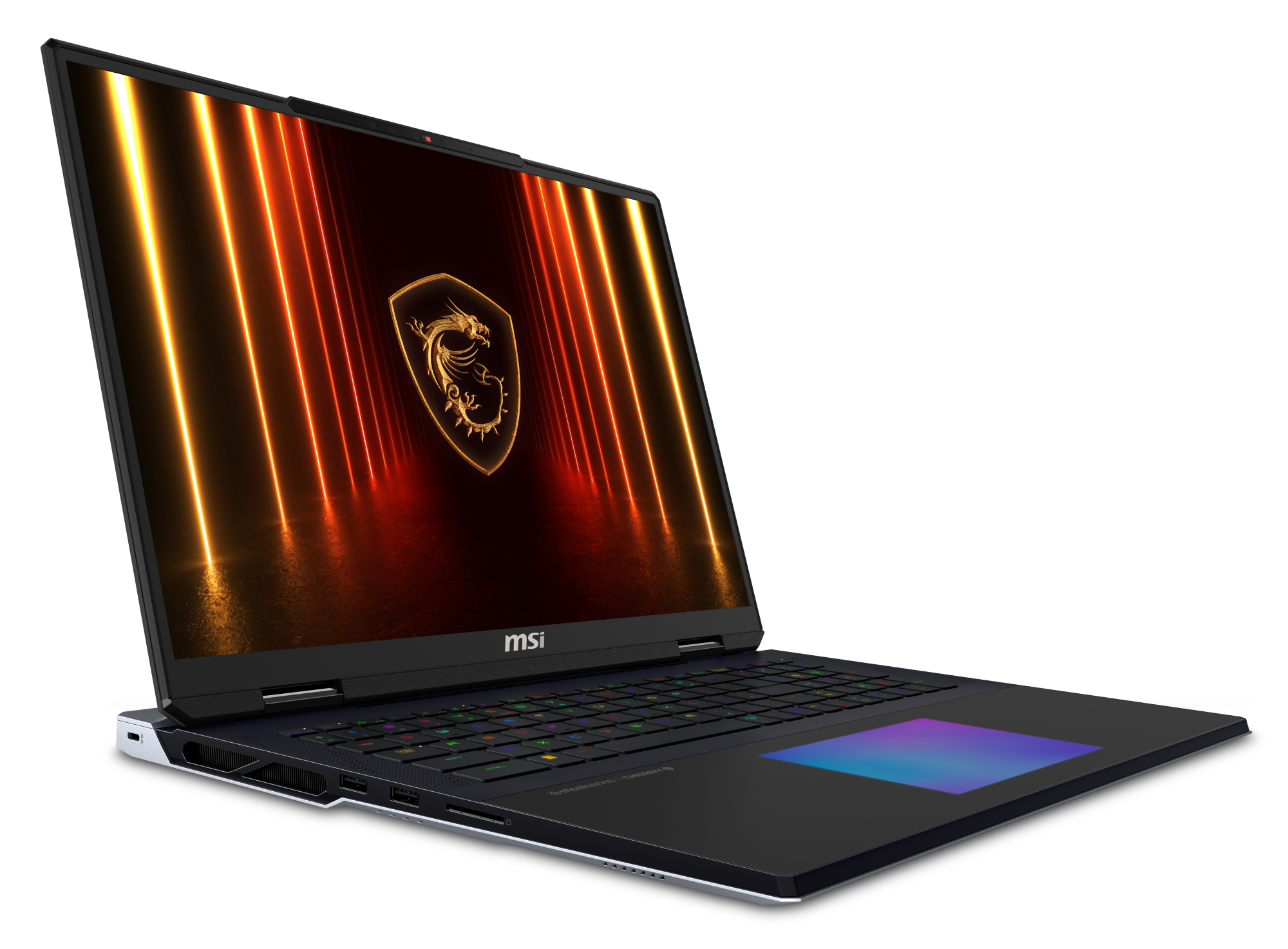 Czarny laptop gamingowy MSI ze złotym logo smoka na ekranie.