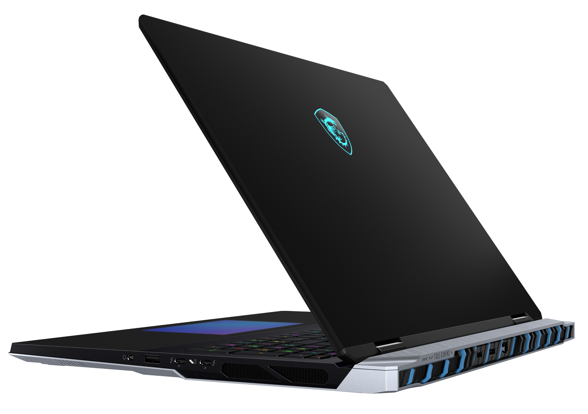 Czarny laptop gamingowy z niebieskim podświetlanym logo na pokrywie.