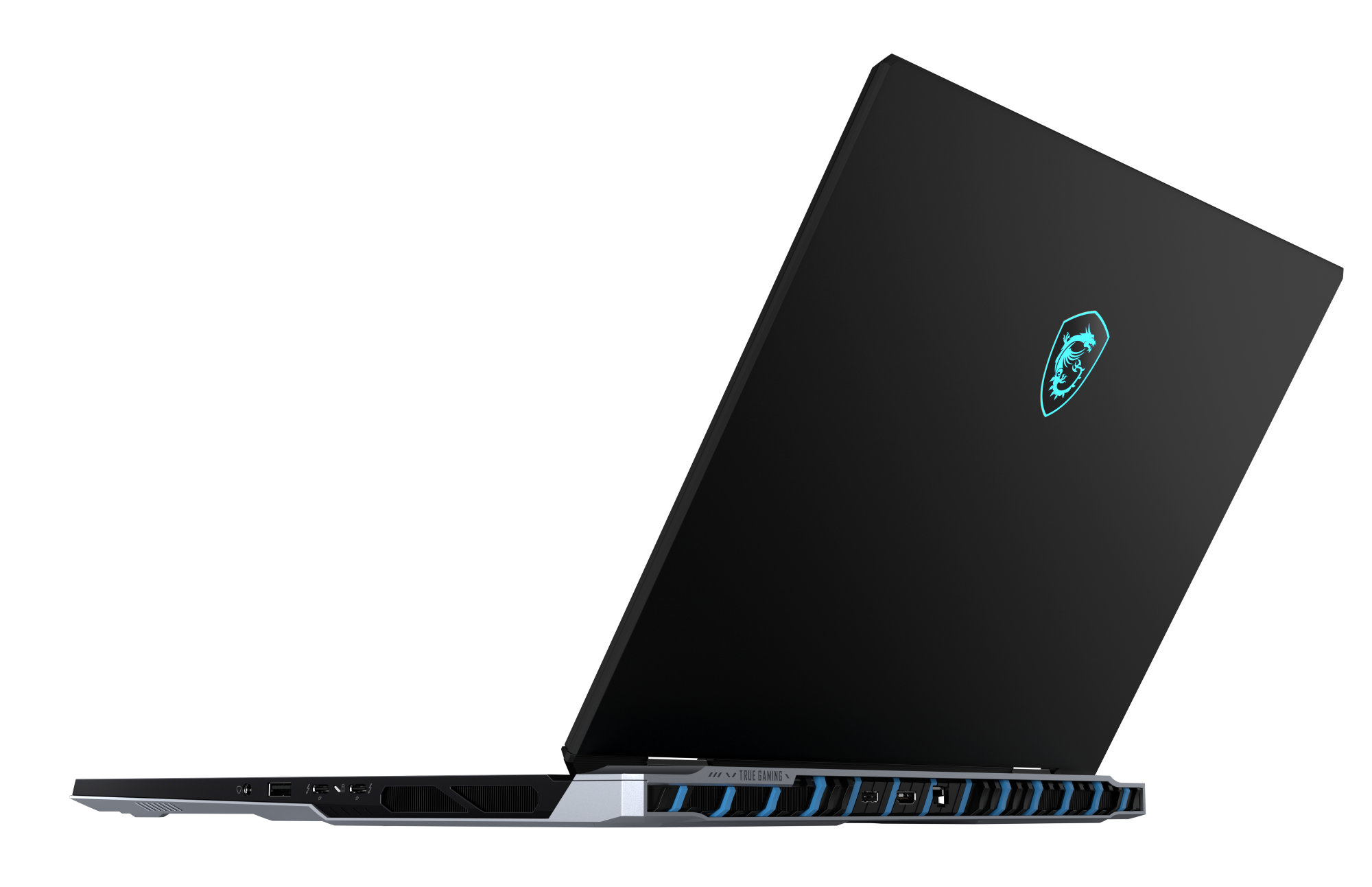 Czarny laptop z niebieskim logo smoka, otwarty, na czarnym tle.