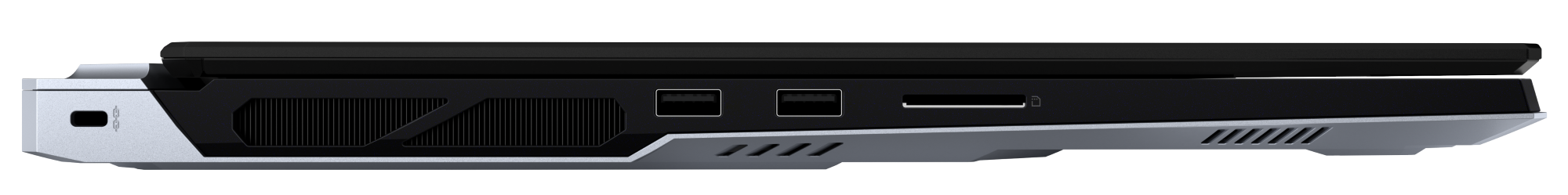 Widok z boku czarnego laptopa z srebrnymi akcentami. Widoczne porty i otwory wentylacyjne.