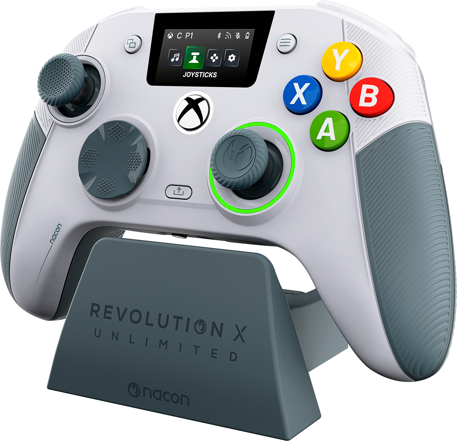 Ein weißer und grauer Nacon Revolution X Unlimited Controller auf einer grauen Ladestation.
