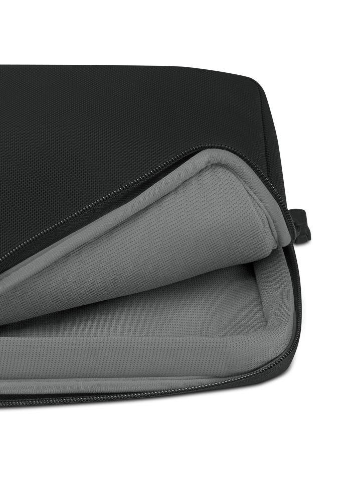 Schwarze Laptoptasche mit Reißverschluss, graues Innenfutter.
