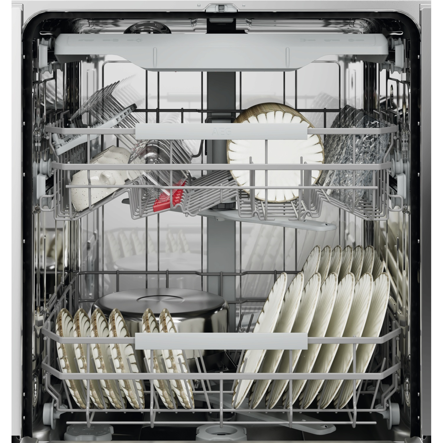 Un lave-vaisselle ouvert avec des paniers pleins : assiettes, verres, casseroles et couverts.