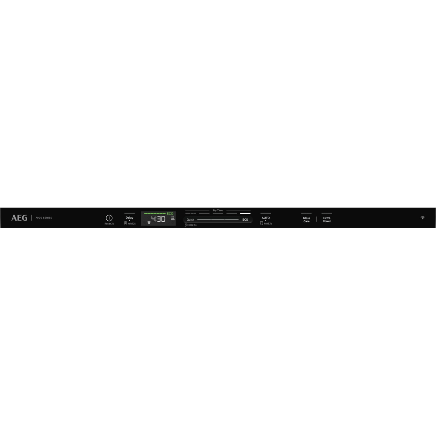 Un panneau de commande noir pour un appareil AEG 7000 SERIES, affichant "Delay 4:30" et "ECO" avec d'autres boutons de fonction.