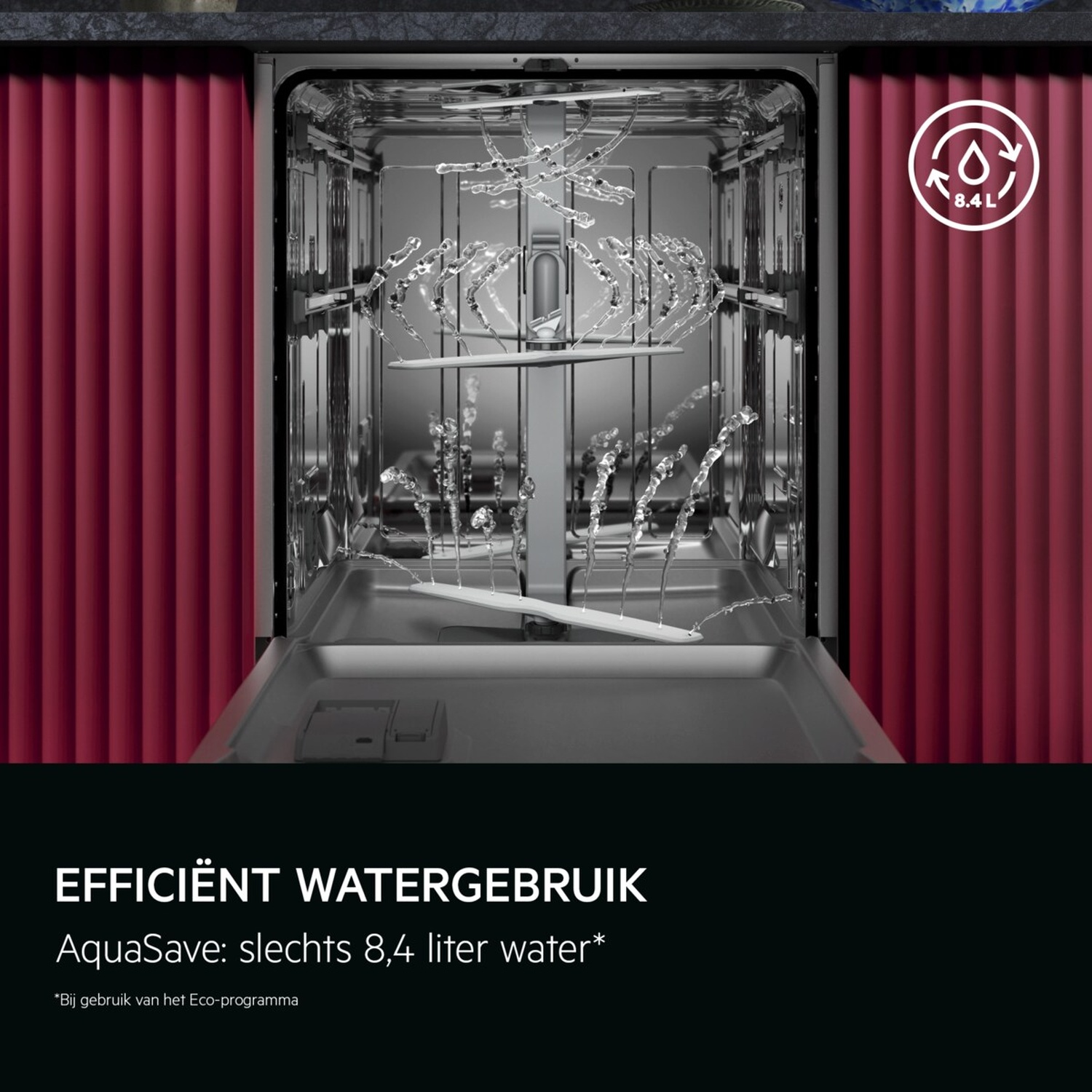 Un lave-vaisselle ouvert avec de l'eau qui gicle à l'intérieur, des parois intérieures rouges visibles et un logo indiquant 8,4L de consommation d'eau.