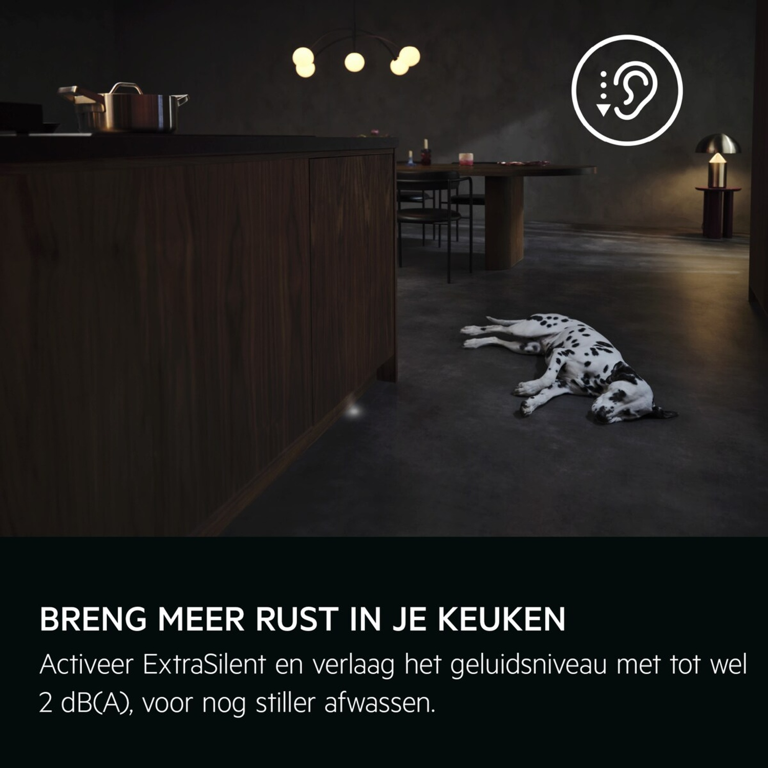Un chien dalmatien dort sur un sol de cuisine sombre. Au-dessus, une icône d'oreille blanche avec une onde sonore et une flèche vers le bas indique le silence.