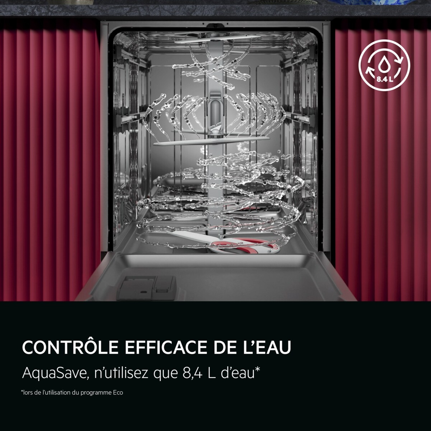 Un lave-vaisselle ouvert avec de l'eau qui gicle à l'intérieur, montrant une utilisation efficace de l'eau. Des panneaux rouges flanquent la machine.