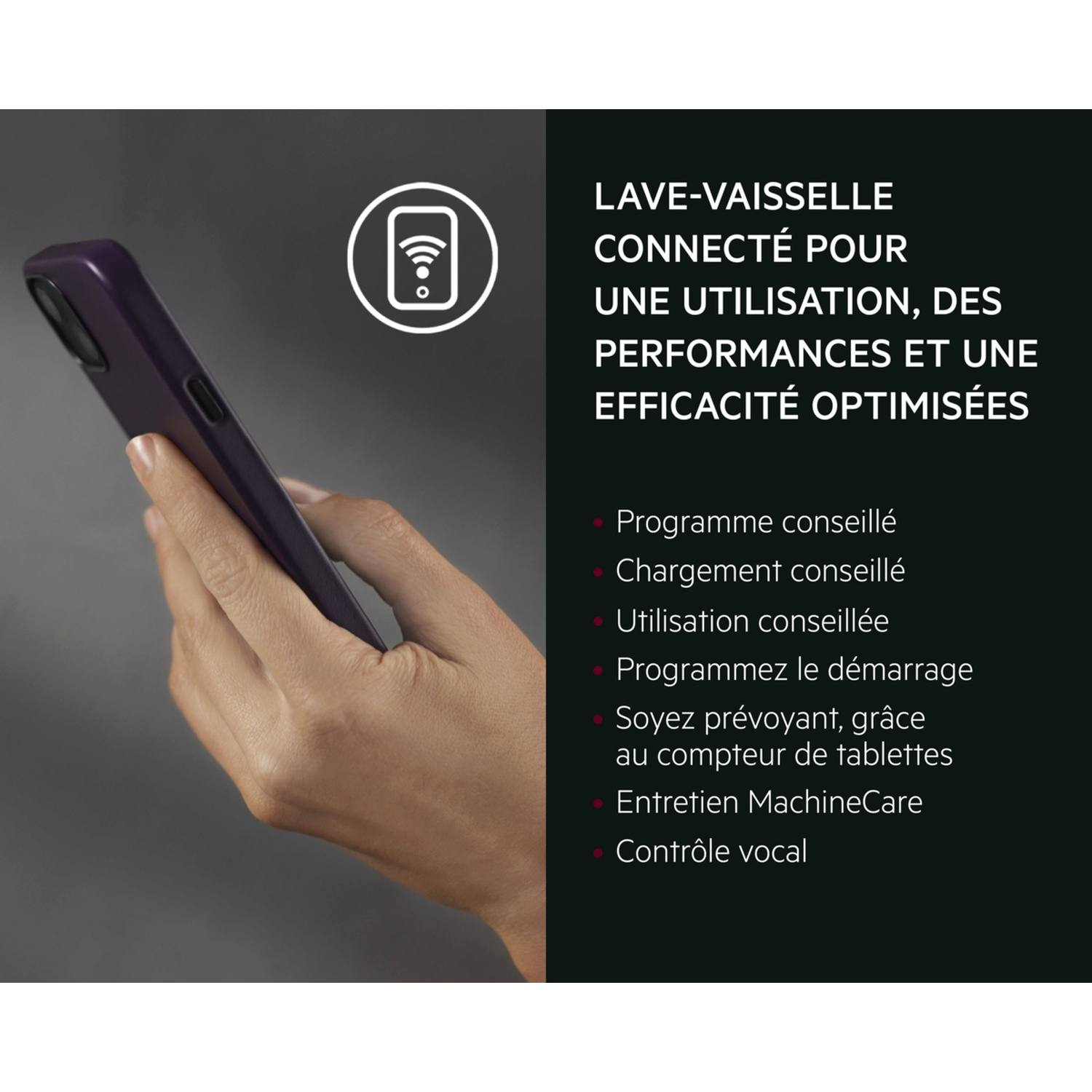 Une main tient un smartphone violet, avec du texte à droite promouvant un lave-vaisselle connecté pour une utilisation et des performances optimisées.