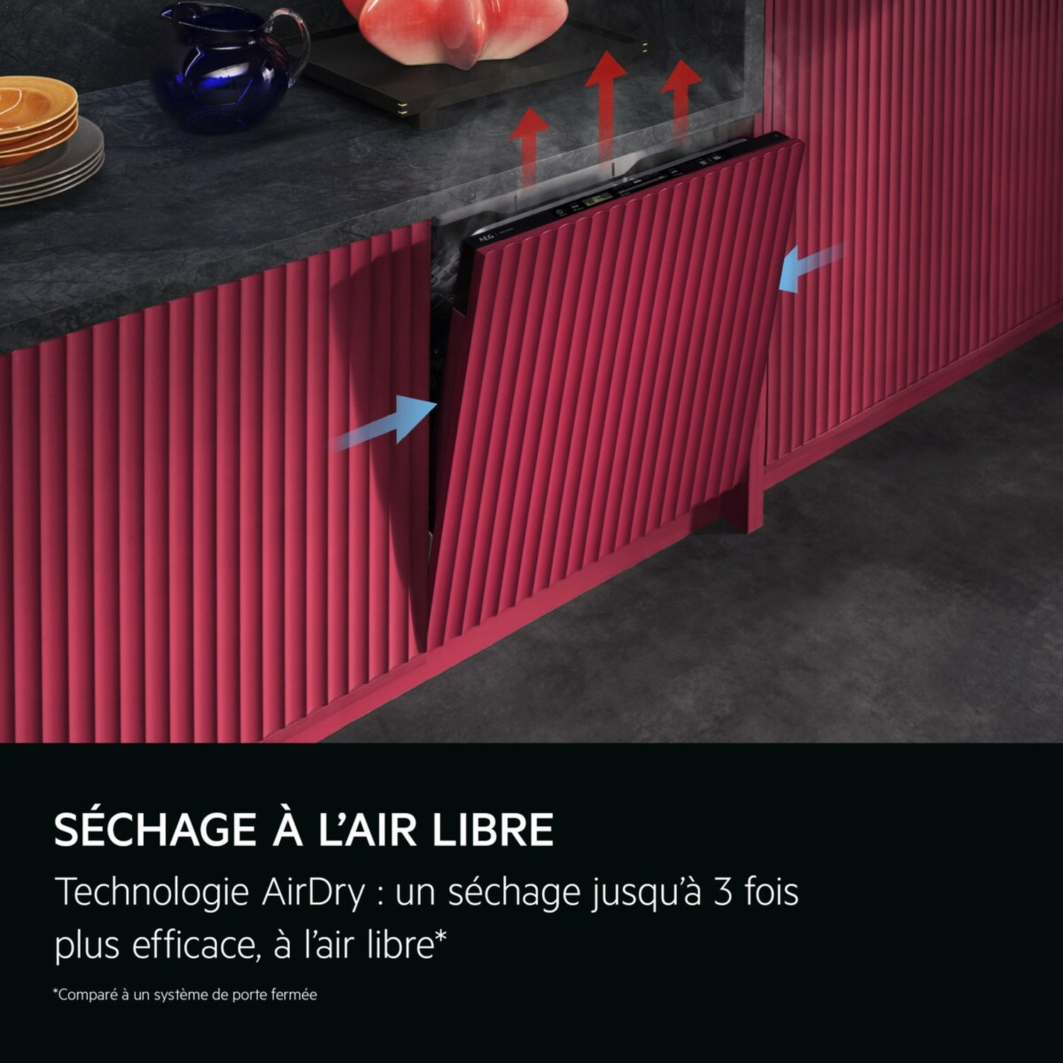 Un lave-vaisselle porte ouverte sèche. Flèches rouges indiquent la chaleur montante.