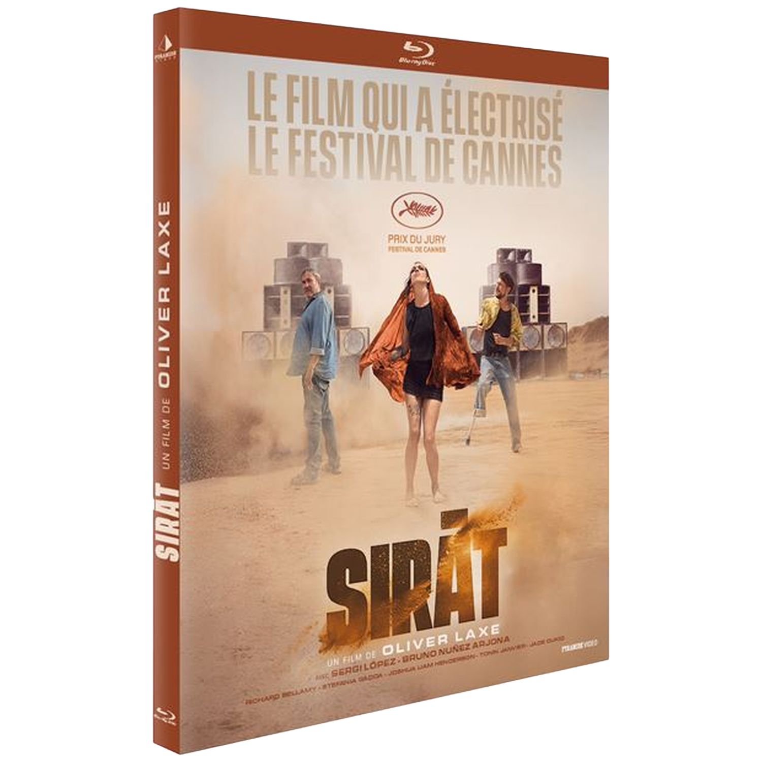 Blu-ray hoes van Sirat met drie personen en buitenluidsprekers.