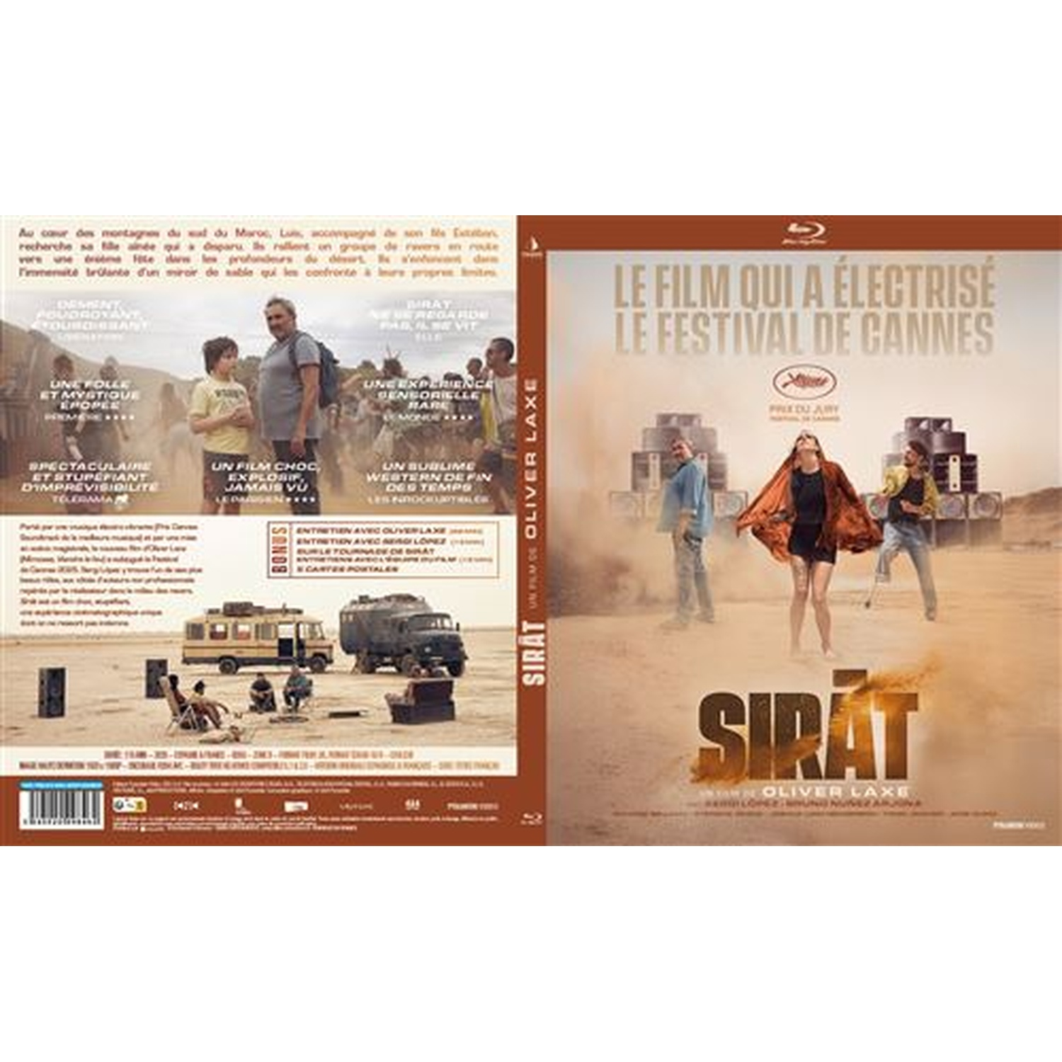 Filmaffiche met titel 'Sirat' en drie personen voor luidsprekers.