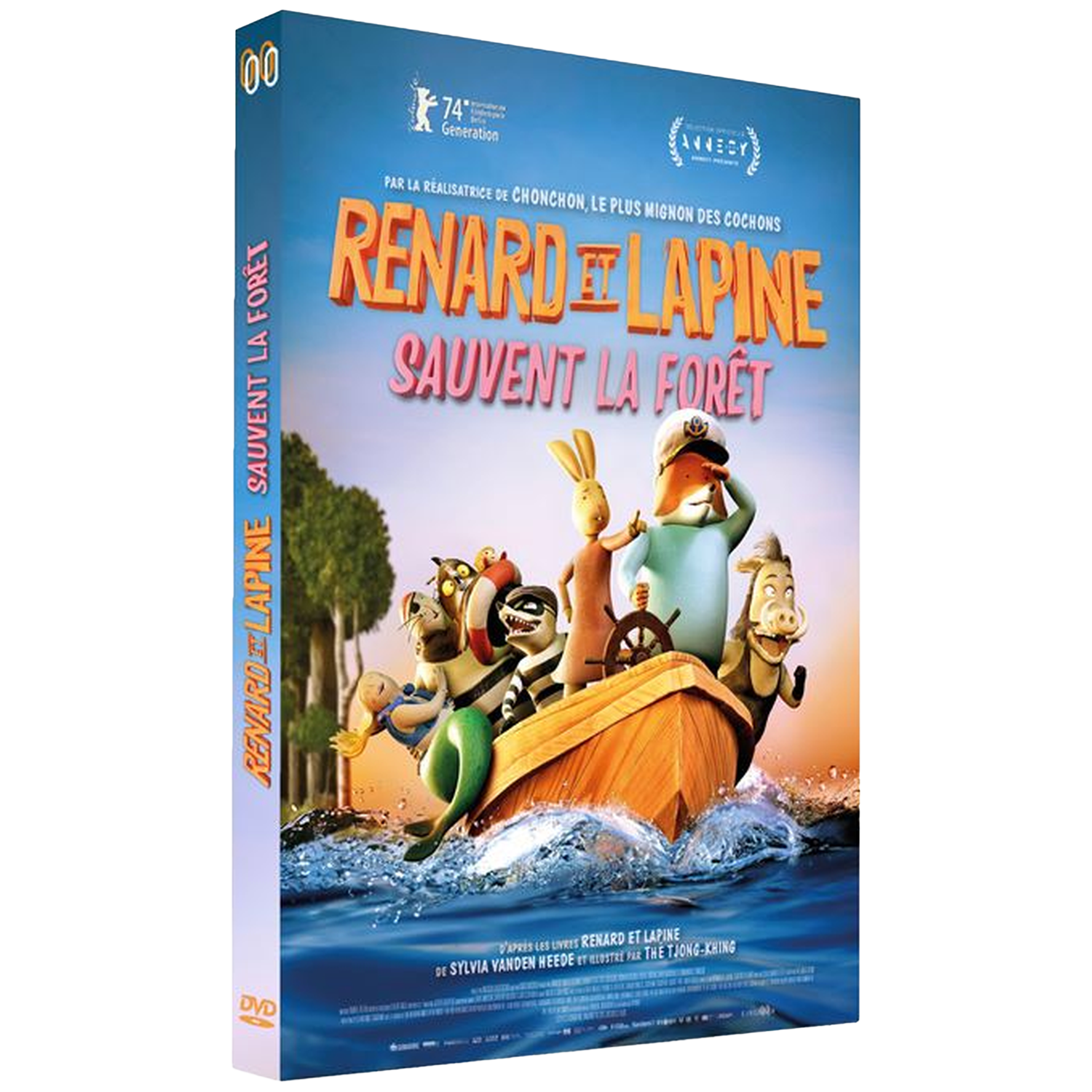 La jaquette du DVD « Renard et Lapine Sauvent La Forêt » montre des animaux de dessin animé sur un bateau dans l'eau bleue.