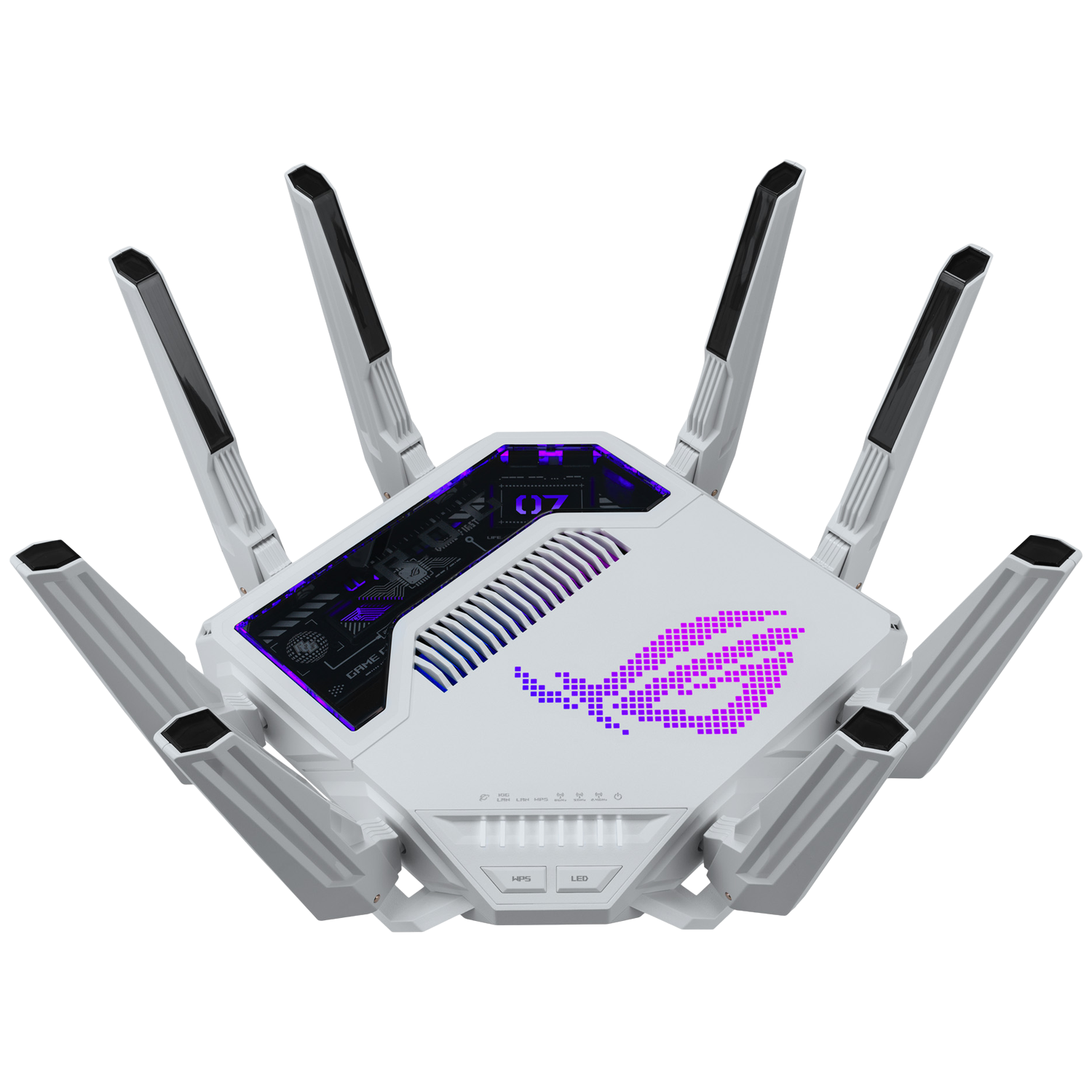 Een witte gamingrouter met zes antennes, paarse en blauwe LED-verlichting en een gepixelde logo bovenaan, tegen een witte achtergrond.