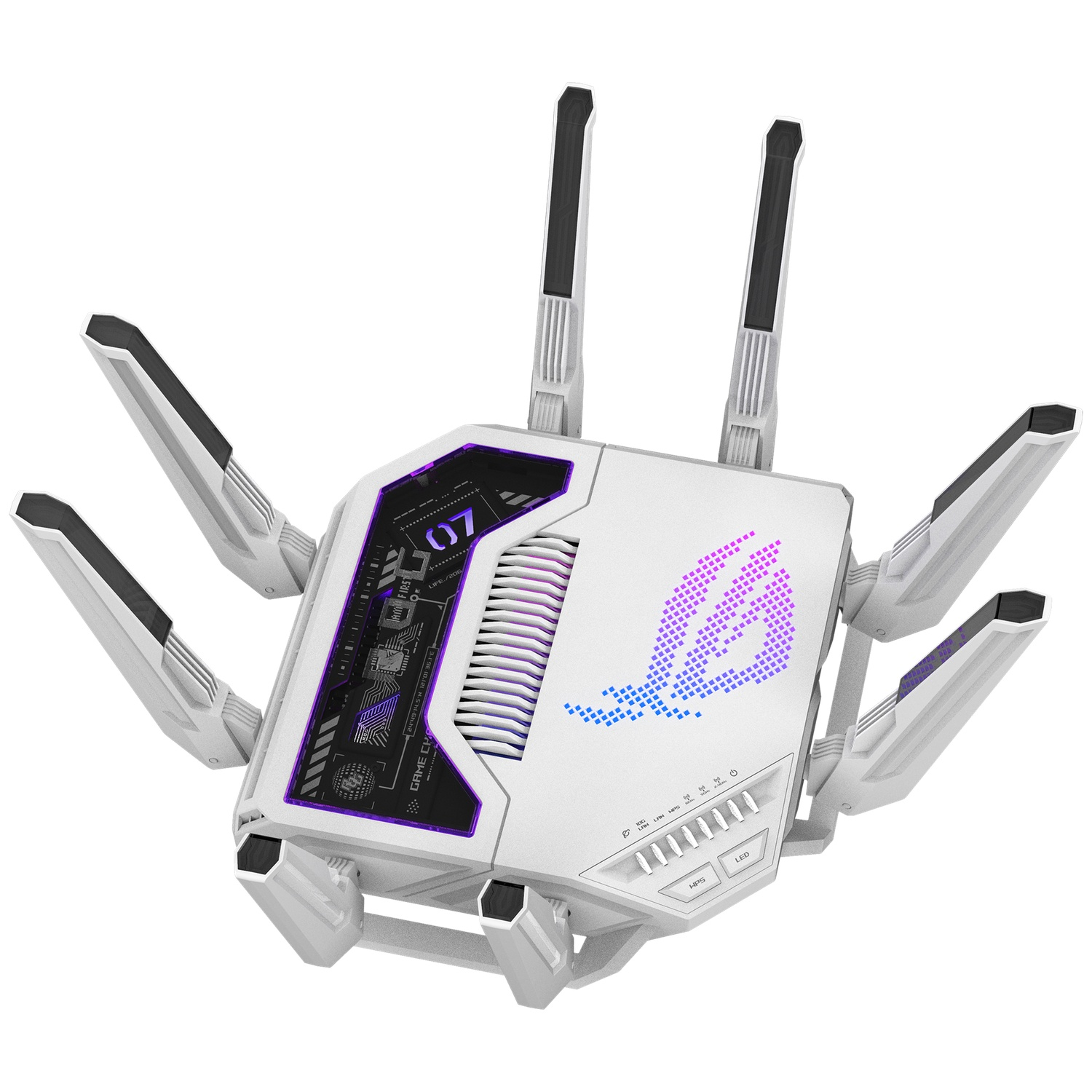 Een witte gamingrouter met acht antennes, paarse en blauwe accenten, een holografisch logo en statuslampjes.