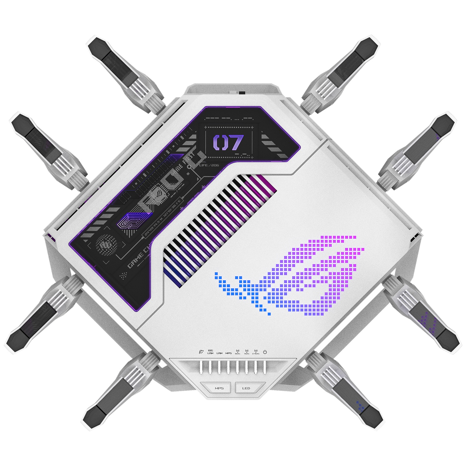 Een witte vierkante router met acht grijze en zwarte antennes, paarse en blauwe accenten en het nummer 07.