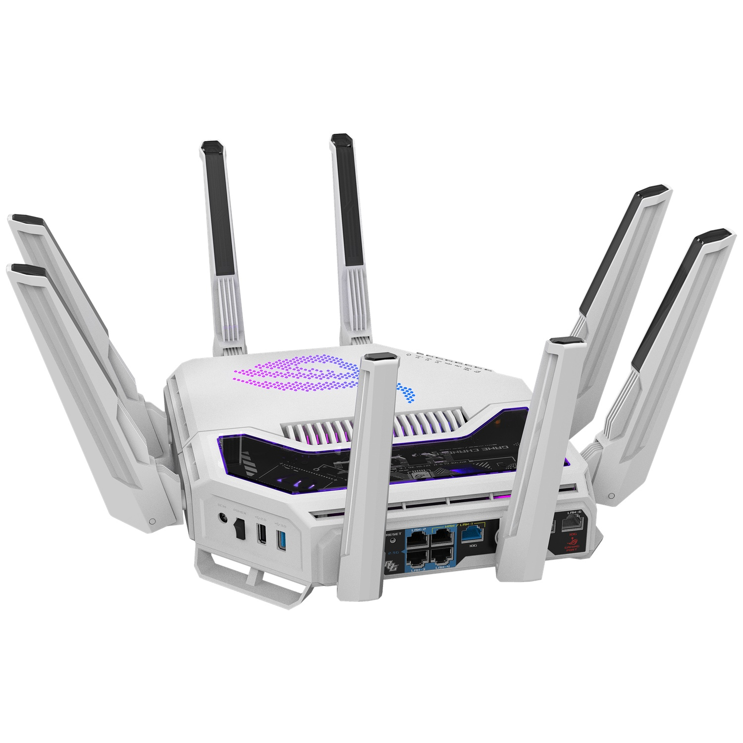 Een witte gamingrouter met zes verstelbare antennes, verlicht met paarse en blauwe LED-lampen, op een witte achtergrond.