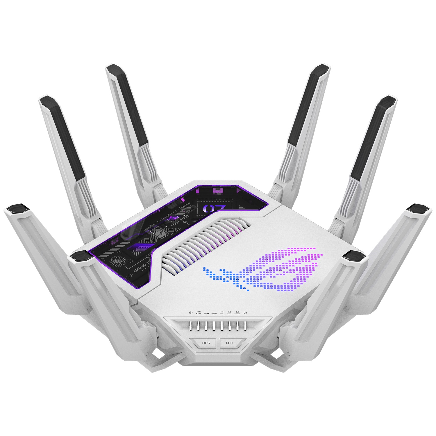 Een witte gamingrouter met acht antennes, een paars verlichte printplaat en een blauw-roze gradiëntlogo.
