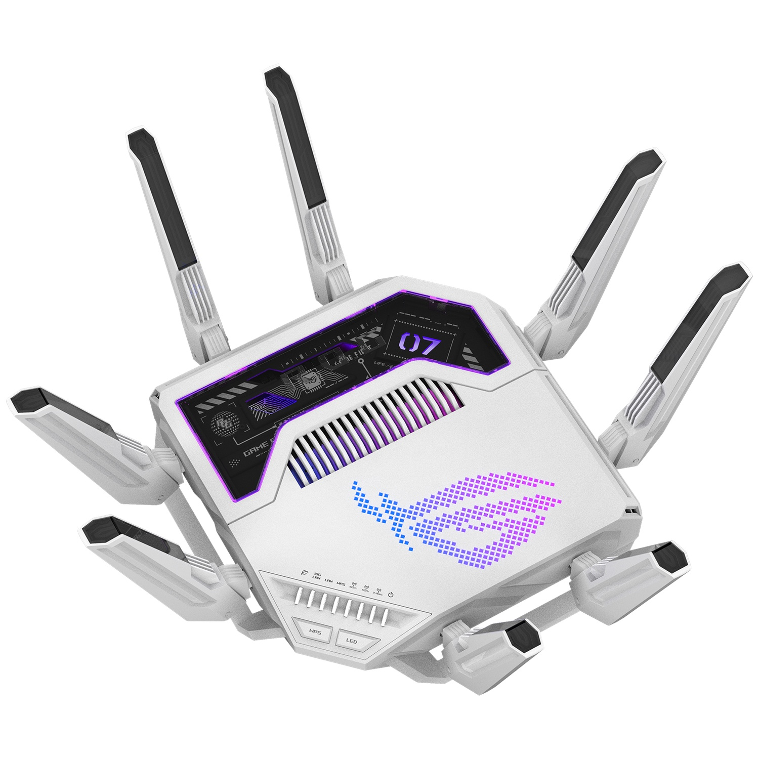 Witte gamingrouter met acht antennes, paarse en blauwe LED-accenten en een digitaal display met '07'.