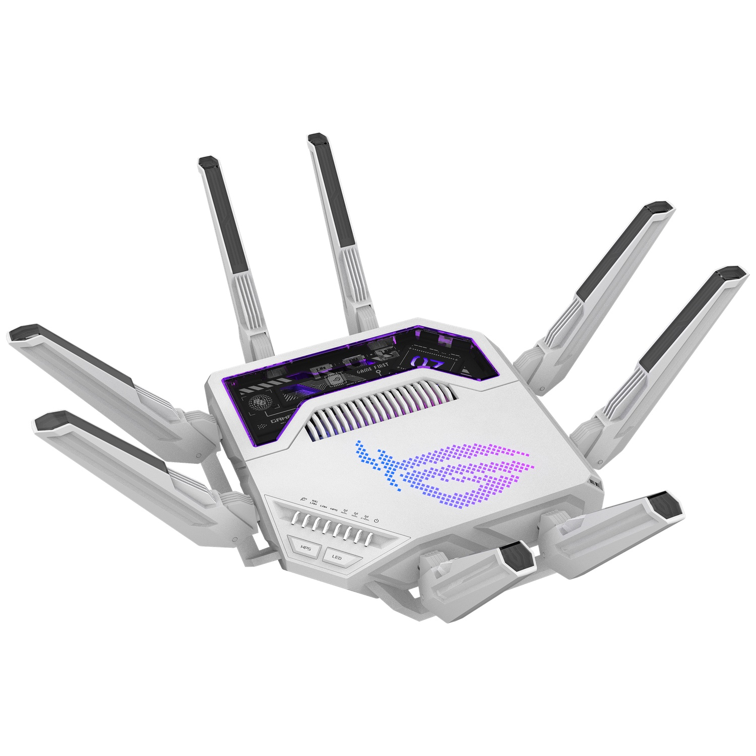 Een witte router met zes antennes en een verlicht ROG-logo.