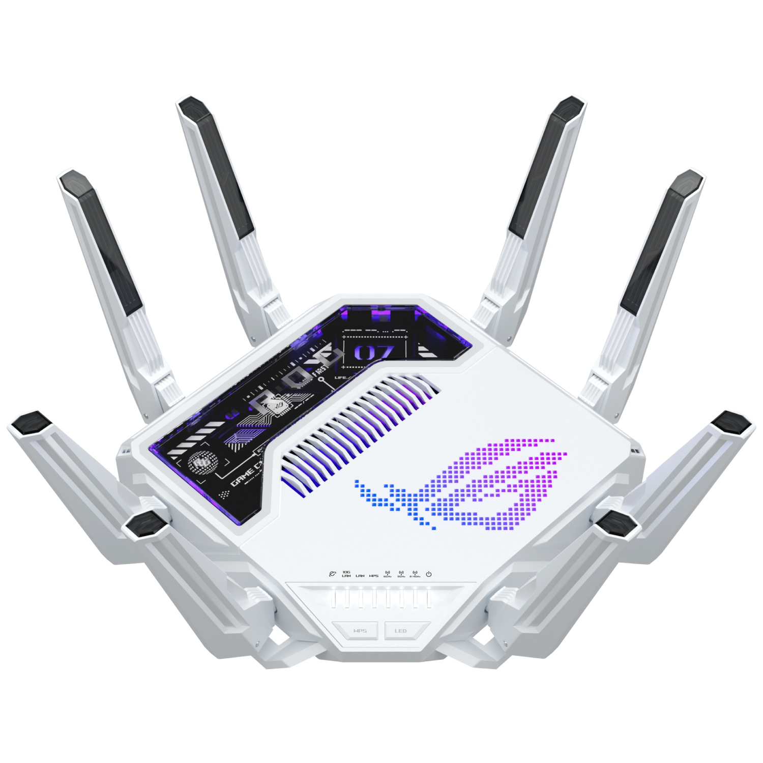 Een witte router met zes antennes en RGB-verlichting.