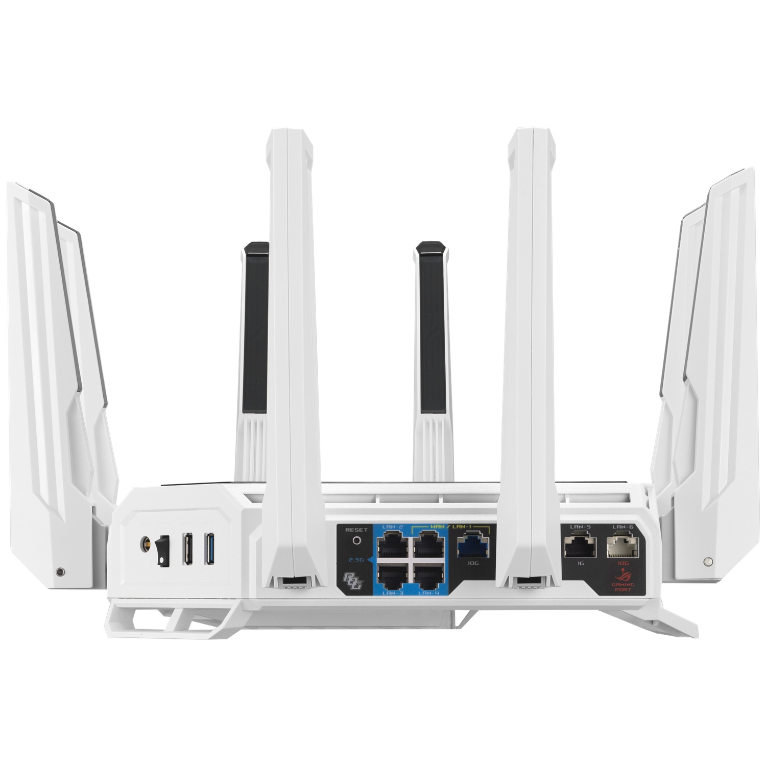 Een witte router met vier antennes en meerdere poorten zoals USB en LAN.