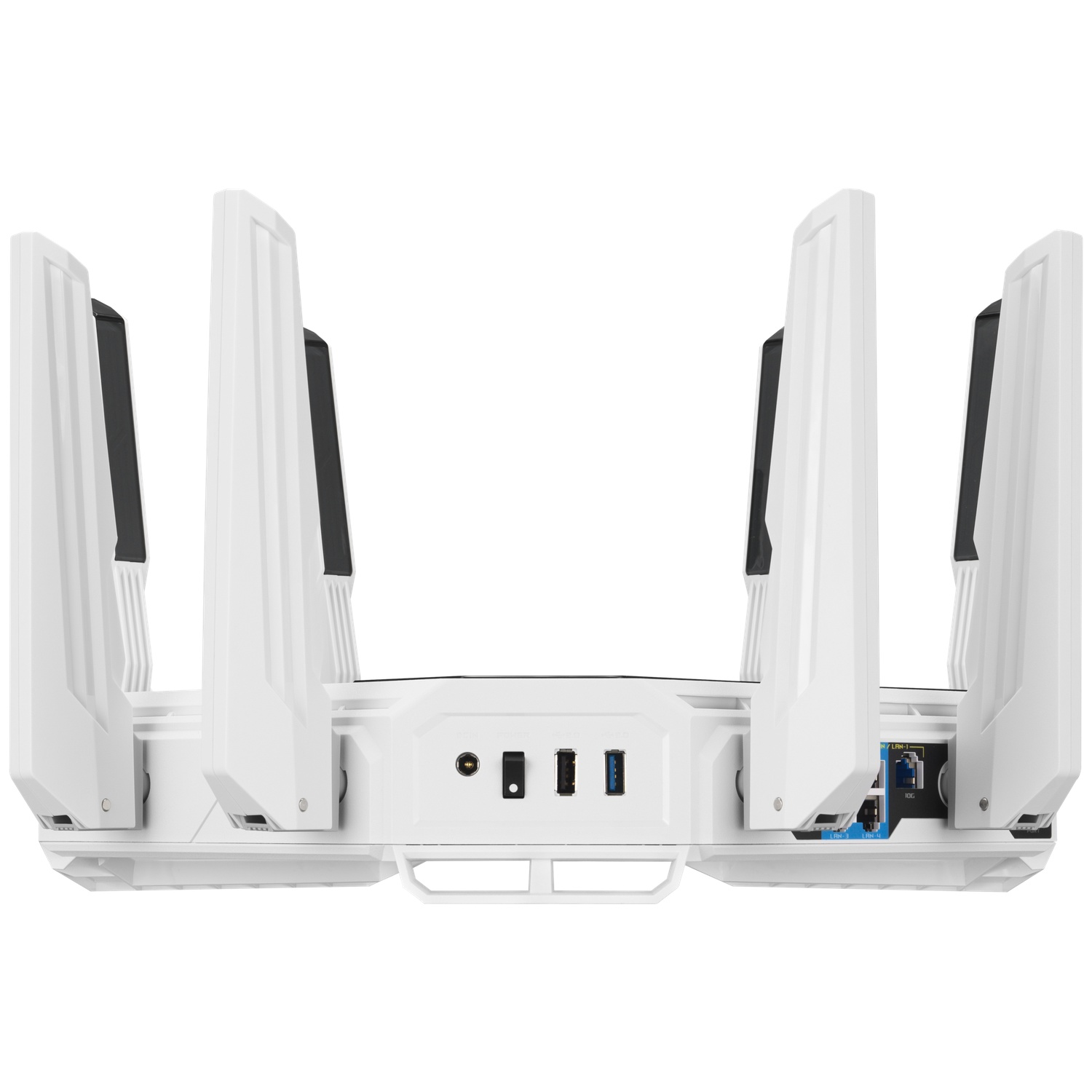 Witte router met acht antennes, USB-poorten en LAN-poorten.