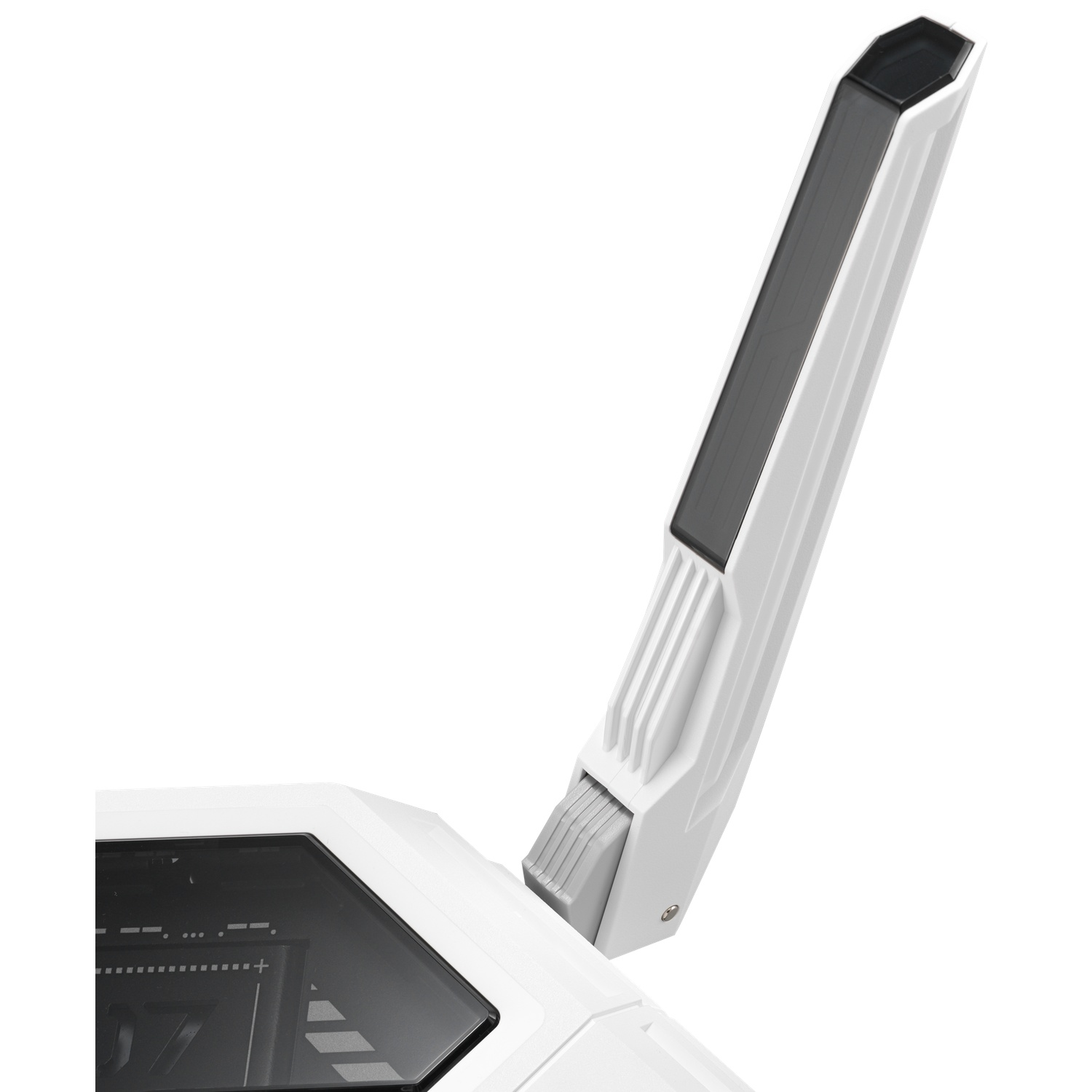 Witte computerkast met transparant venster en uitschuifbare antenne.