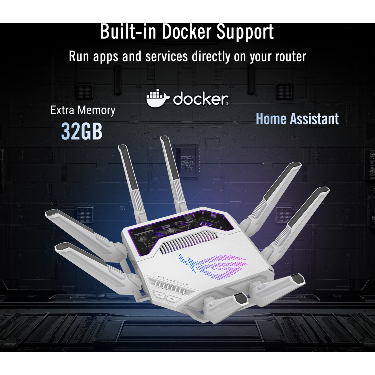 Witte router met Docker-ondersteuning, 32 GB geheugen en Home Assistant.