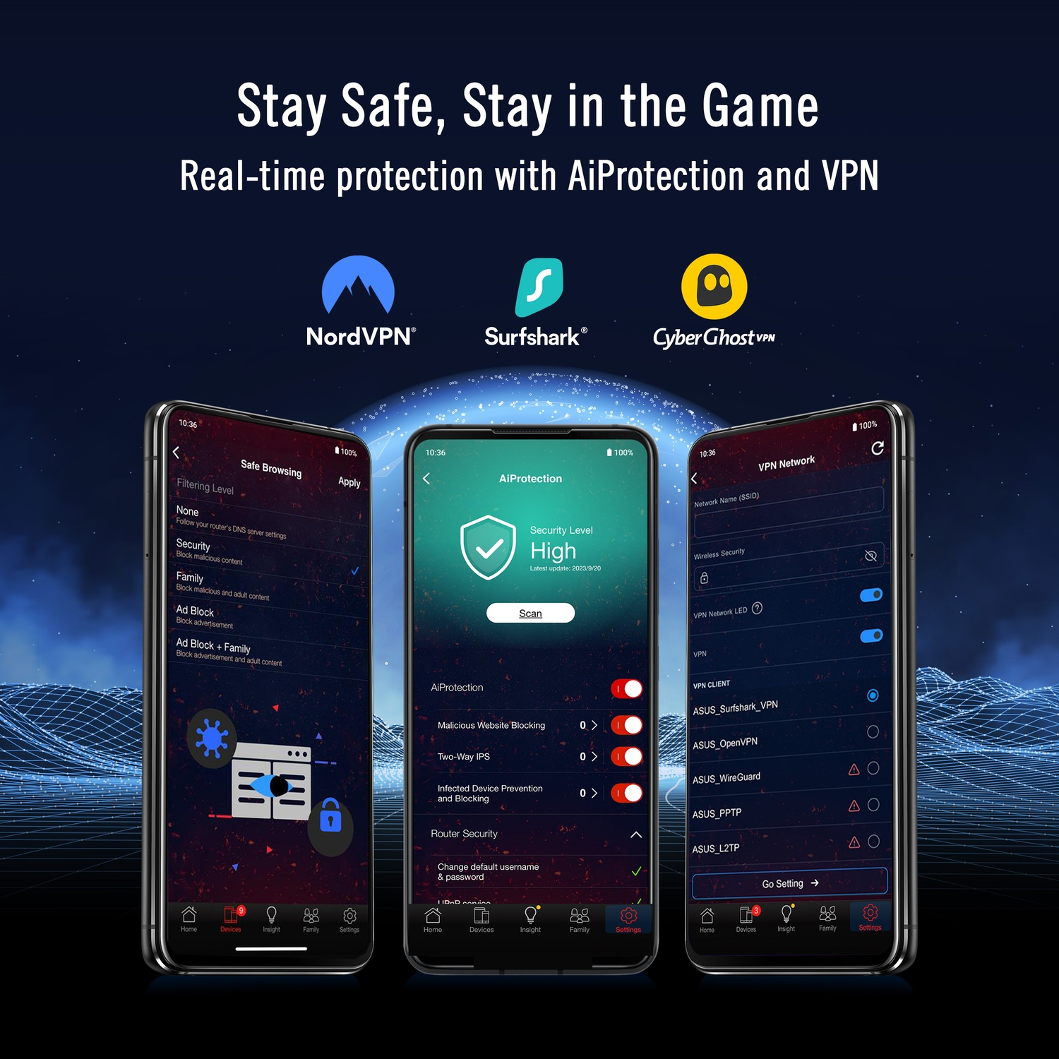 Drie smartphones tonen VPN- en beveiligingsinstellingen. Logo's van NordVPN, Surfshark en CyberGhost bovenaan.