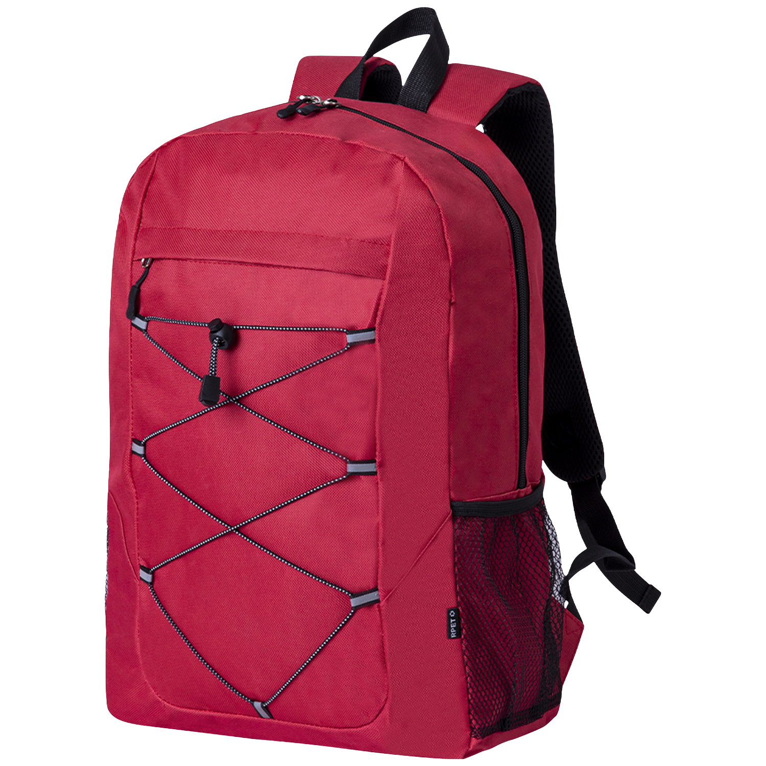 Un sac à dos rouge avec des bretelles noires et des poches latérales en filet.