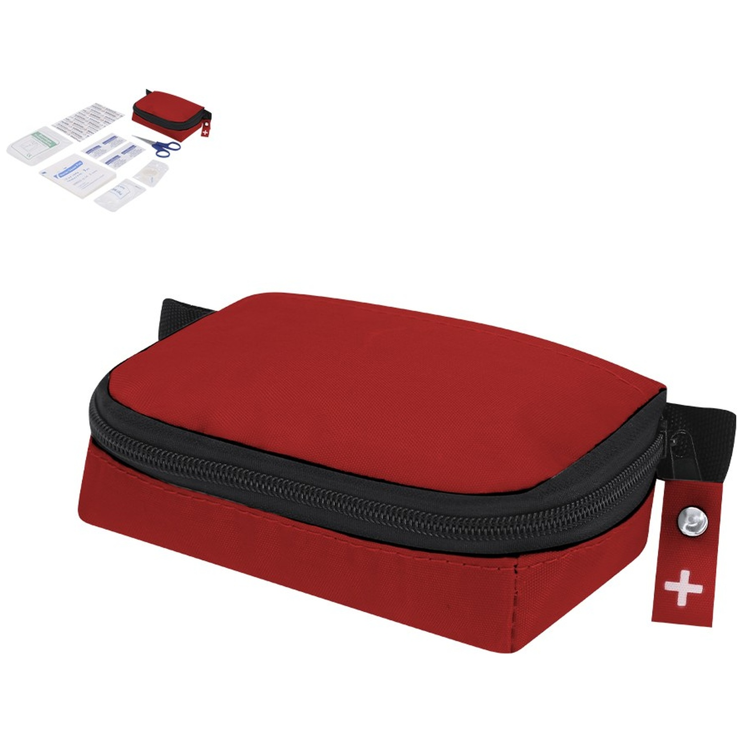 Trousse de premiers secours rouge zippée avec bandages et ciseaux.