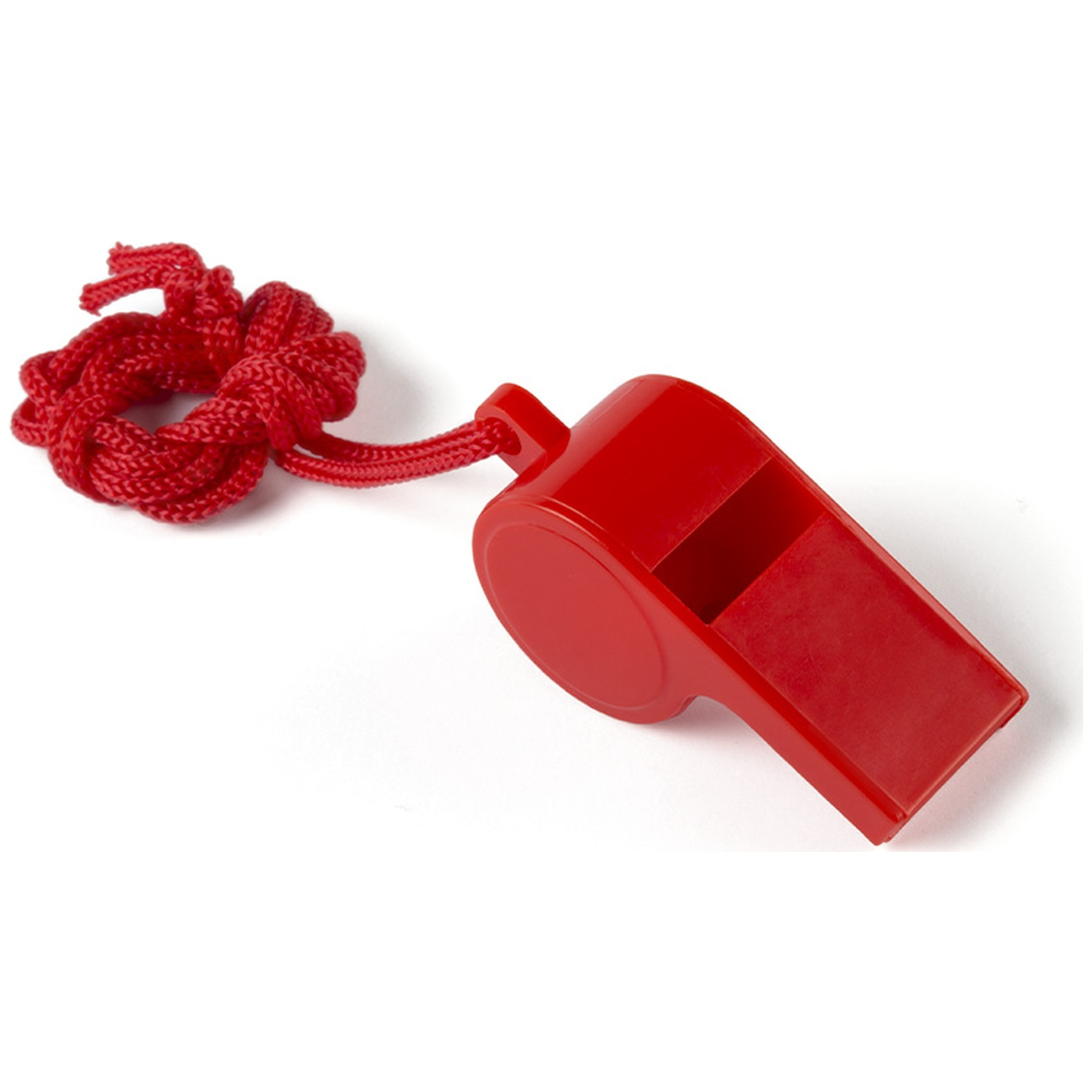 Un sifflet en plastique rouge avec un cordon tressé rouge attaché, posé sur une surface blanche.