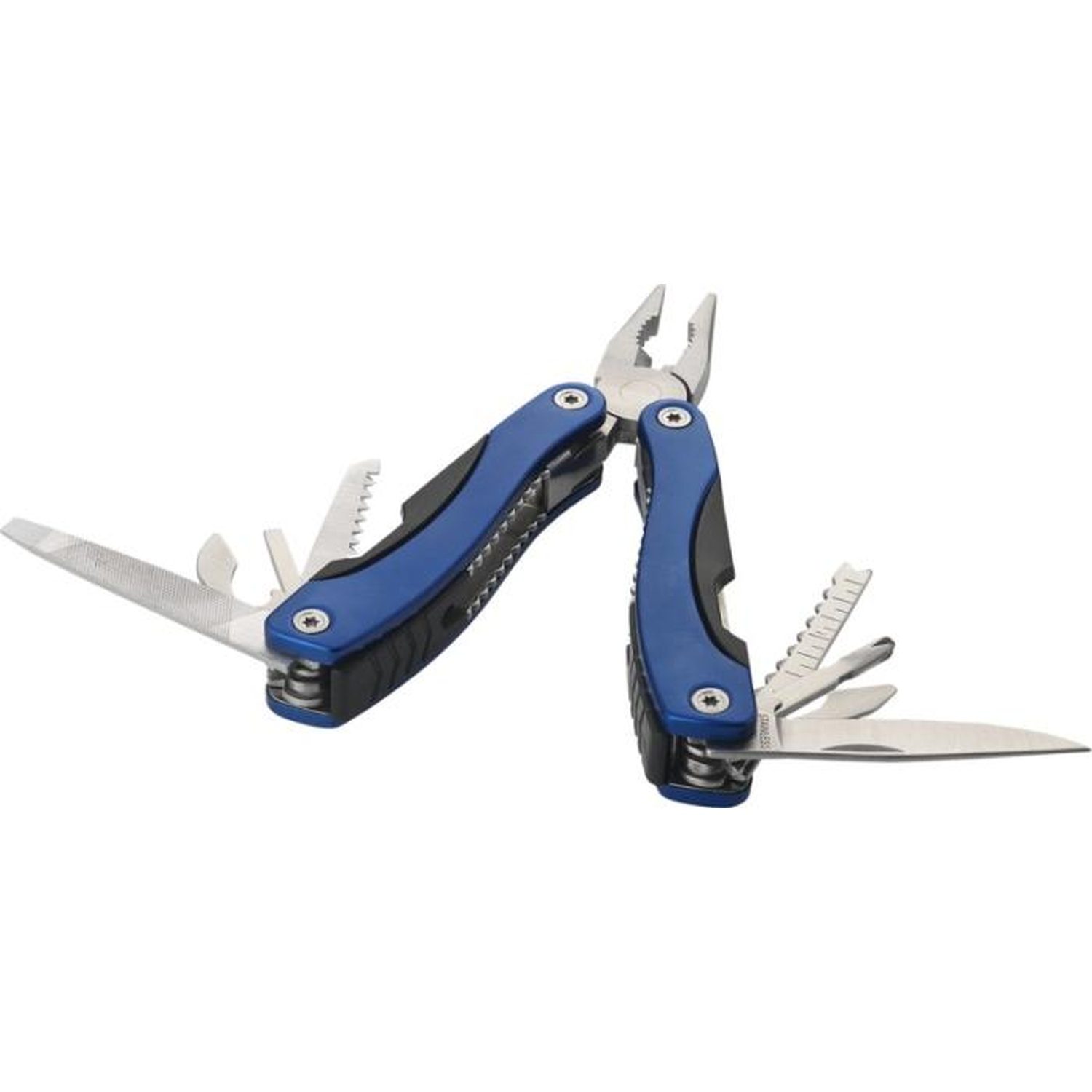 Un outil multifonction bleu avec pinces, couteau et lime ouverts.