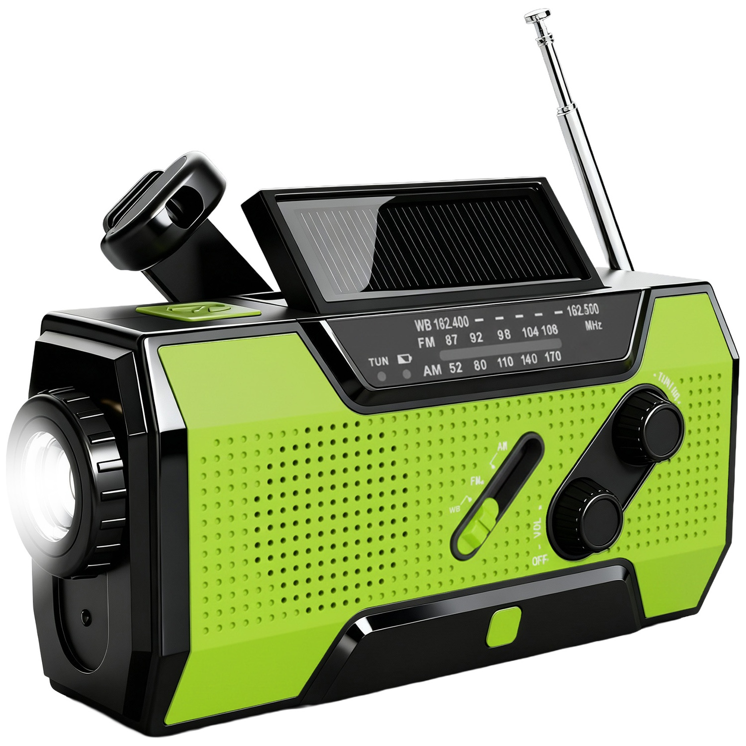 Radio de secours verte et noire avec panneau solaire, manivelle et lampe torche LED.