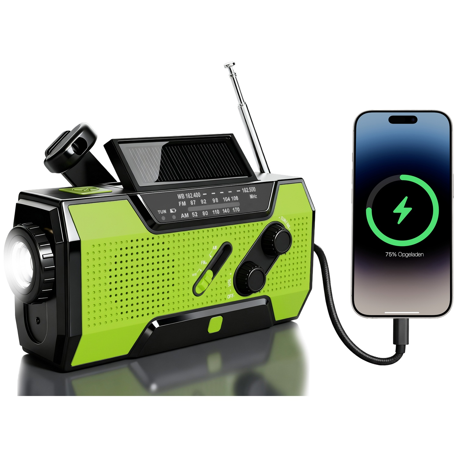 Radio de secours verte avec panneau solaire et lampe de poche chargeant un smartphone.